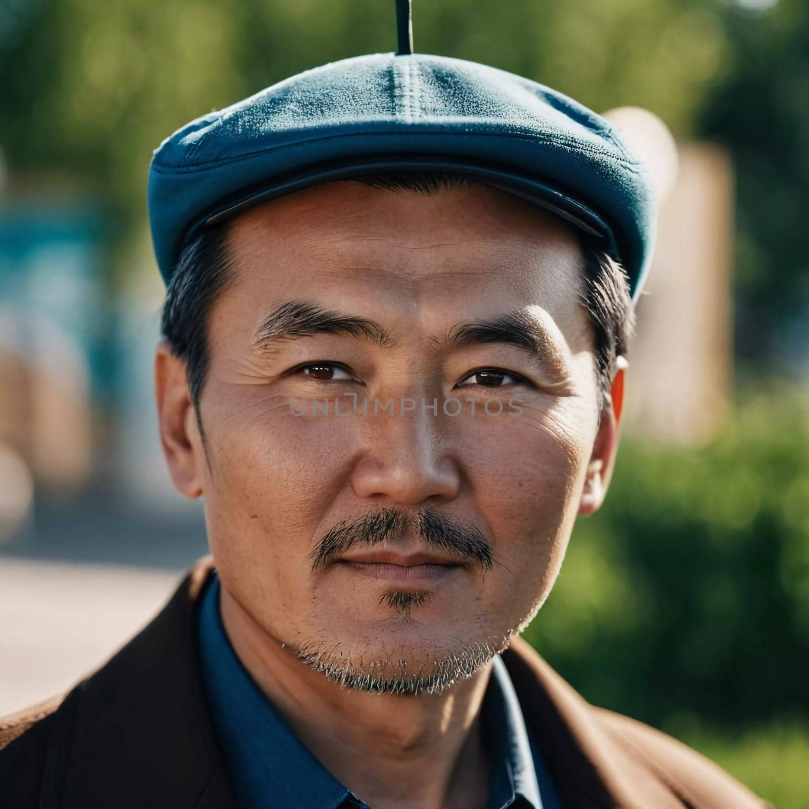 A man with short hair gazes into the camera, exuding confidence and poise. Urban setting. A resident of Kazakhstan, a cute man of 50 years old. A grown man, confident in his abilities. AI generated.