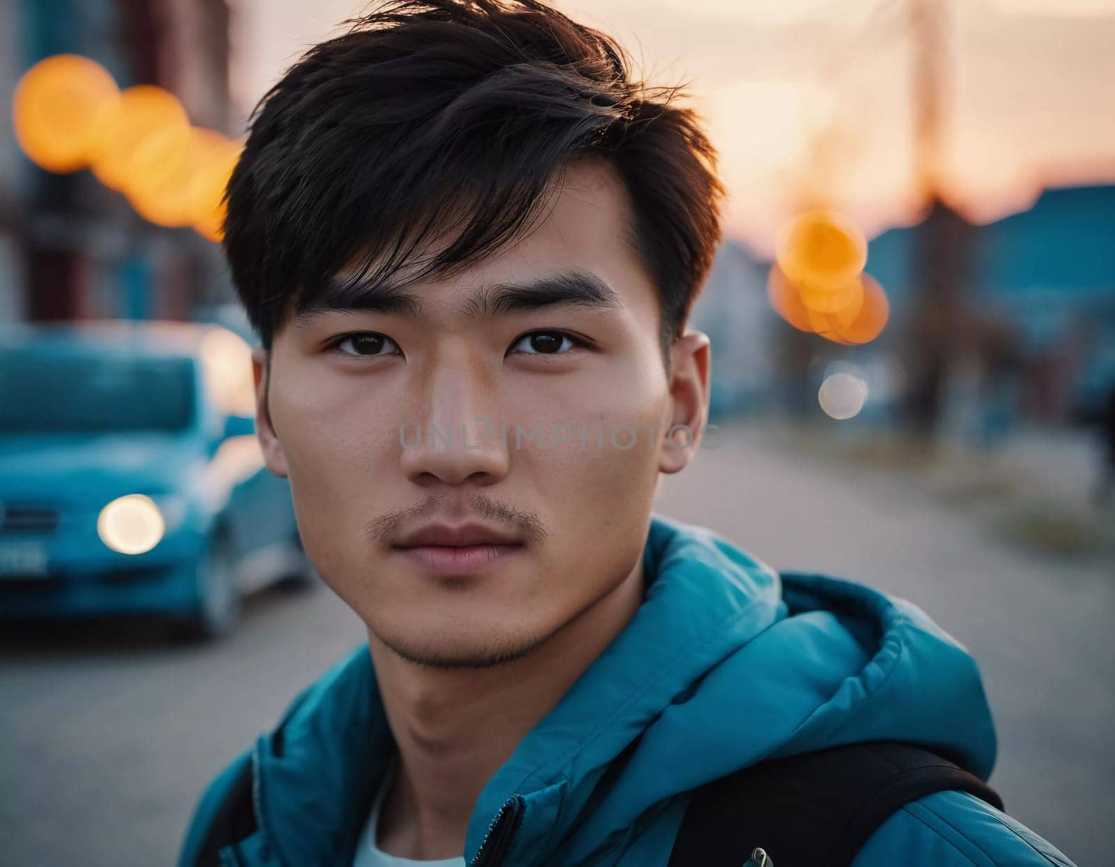 A young man with a confident expression poses against a backdrop of colorful lights at night in urban setting. A resident of Kazakhstan, a cute man of 25 years old. Student or applicant. AI generated.