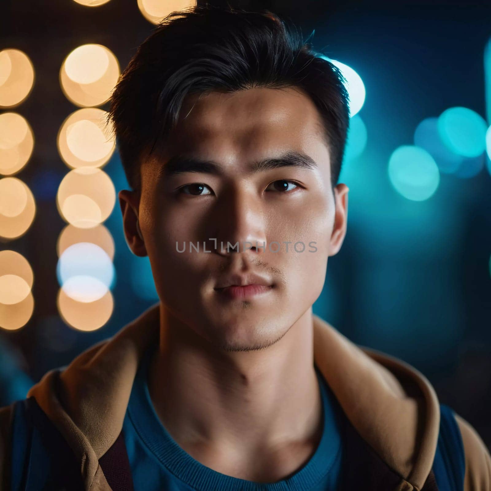 A young man with a confident expression poses against a backdrop of colorful lights at night in urban setting. A resident of Kazakhstan, a cute man of 25 years old. Student or applicant. AI generated.