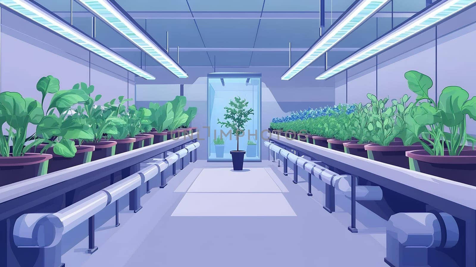 A modern indoor hydroponic garden, filled with lush green plants thriving under bright artificial lights.
