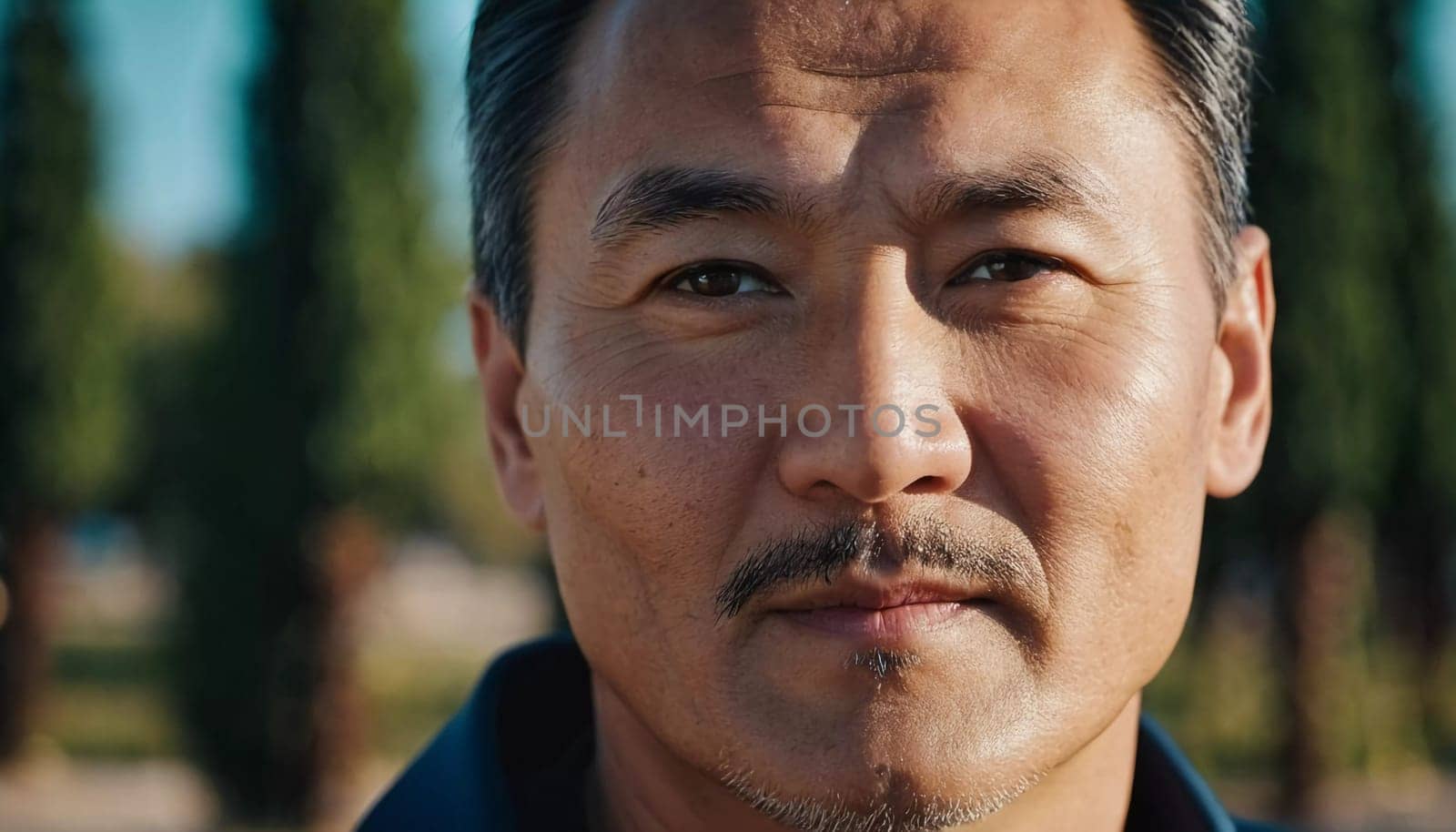 A man with short hair gazes into the camera, exuding confidence and poise. Urban setting. A resident of Kazakhstan, a cute man of 50 years old. A grown man, confident in his abilities. AI generated.
