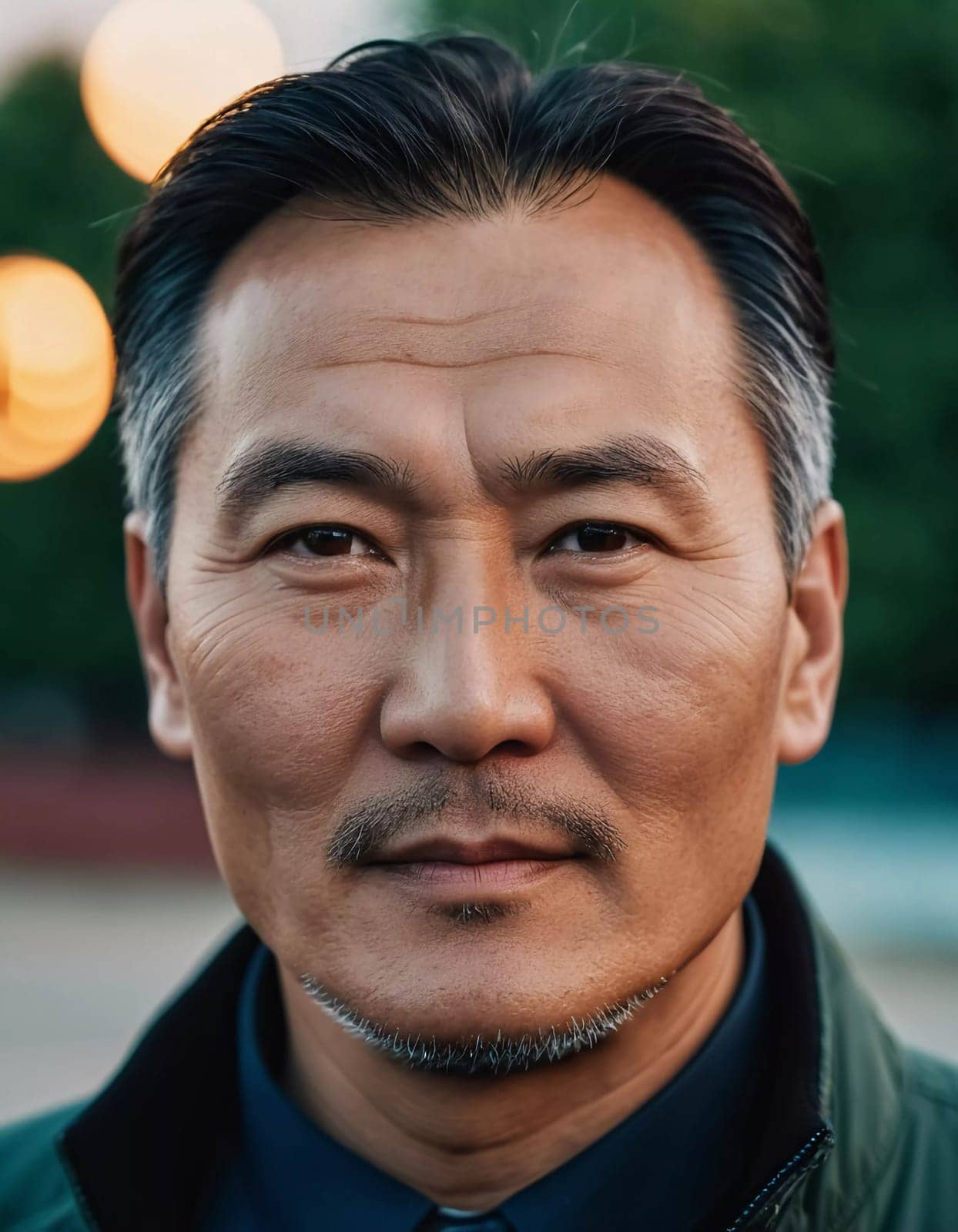 A man with short hair gazes into the camera, exuding confidence and poise. Urban setting. A resident of Kazakhstan, a cute man of 50 years old. A grown man, confident in his abilities. AI generated.
