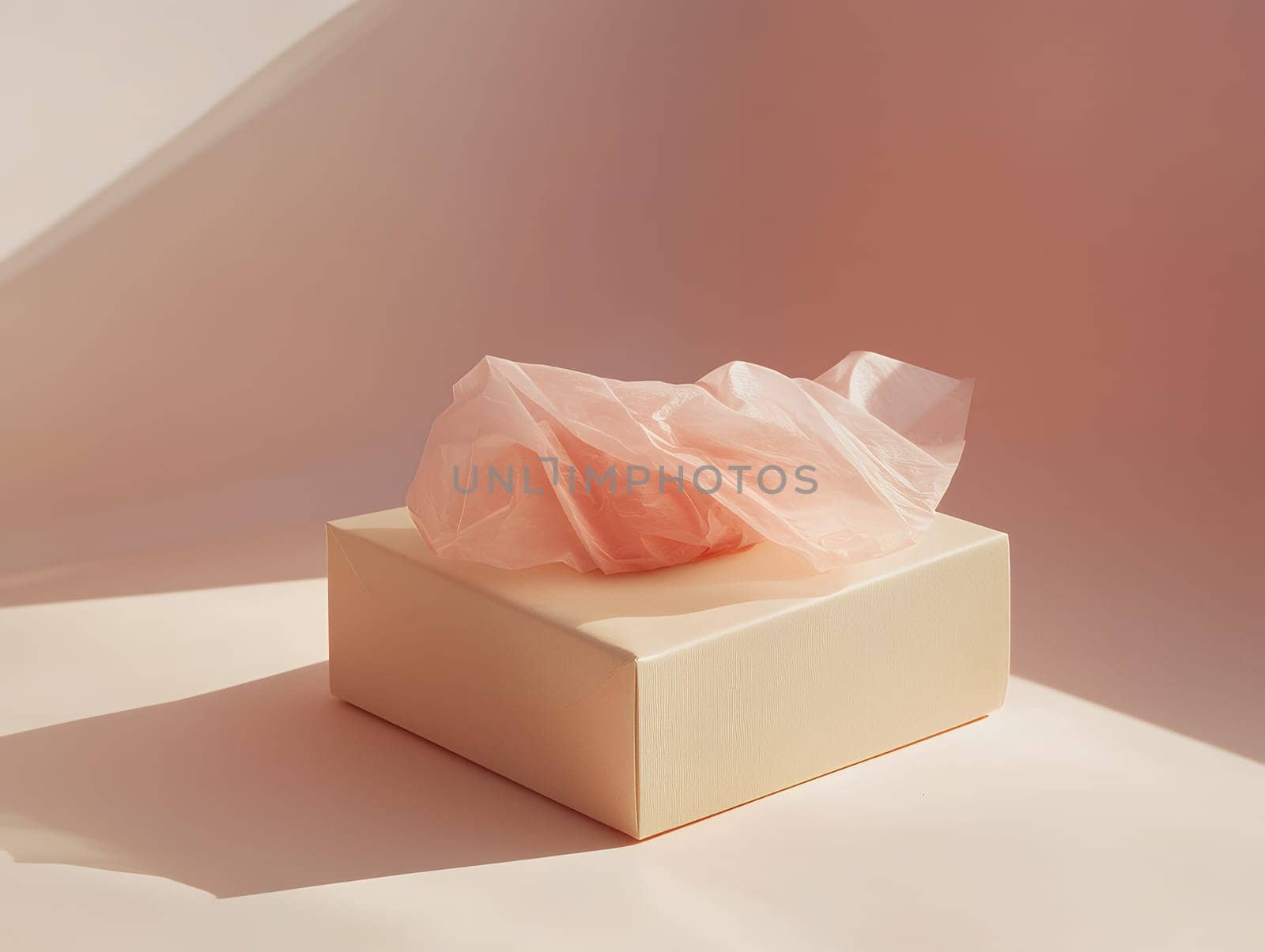 A pastel-colored tissue box with a single tissue elegantly draped, set against a soft pink background with gentle sunlight.