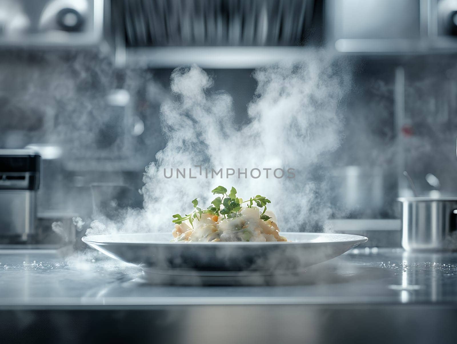 A freshly prepared gourmet dish emits steam in a professional kitchen, highlighting culinary artistry.