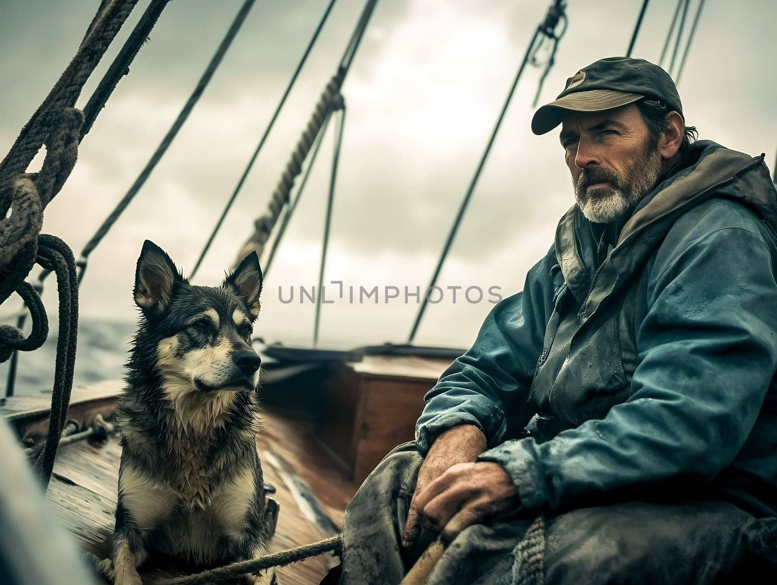 A sailor and his loyal dog on a boat, braving the ocean waves under a cloudy sky, embodying adventure and companionship.