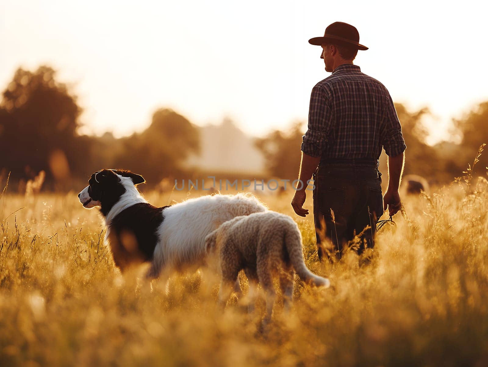 A shepherd and his sheepdog stand in a golden field at sunset, symbolizing tradition and pastoral life.