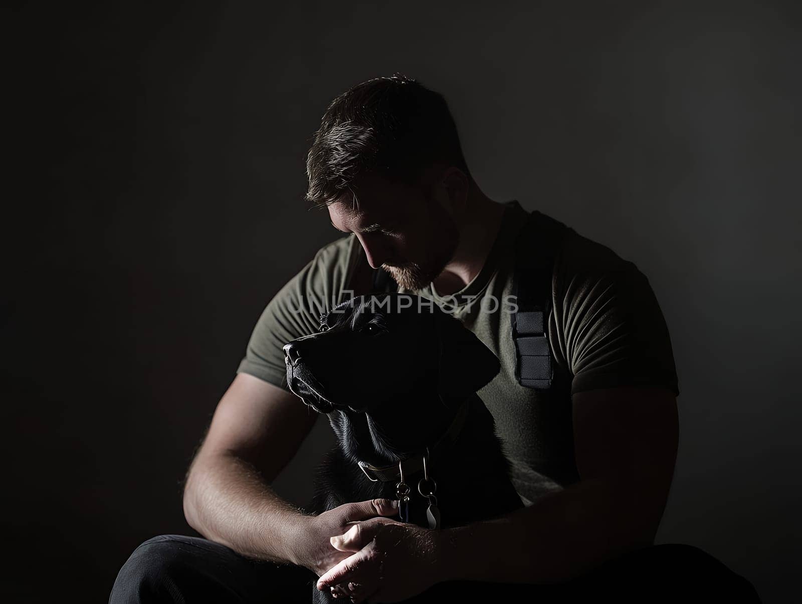 A man sits quietly with his dog in shadow, conveying a moment of reflection and companionship.
