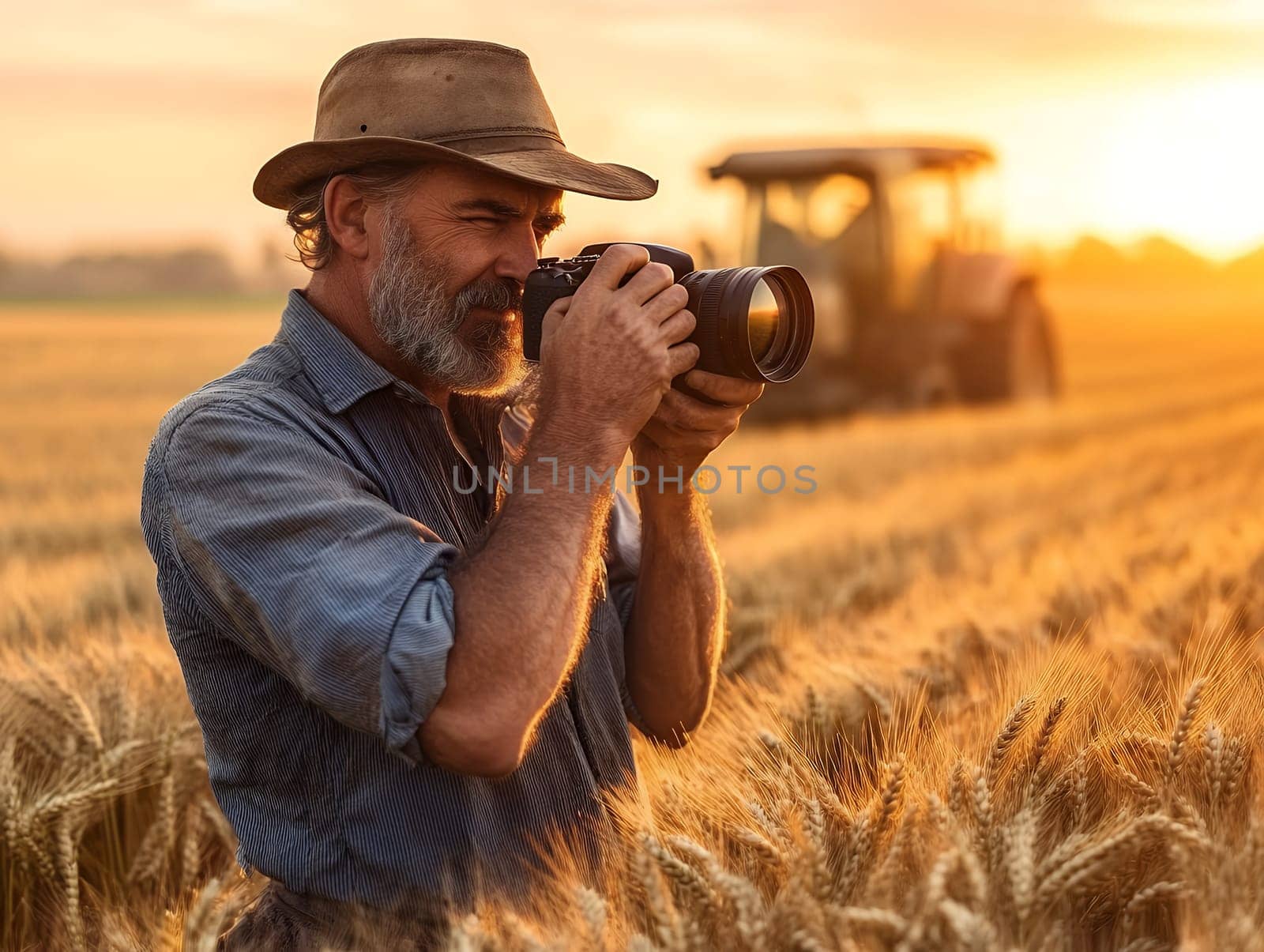 A bearded man with a camera captures the golden wheat field at sunset, blending nature and creativity.