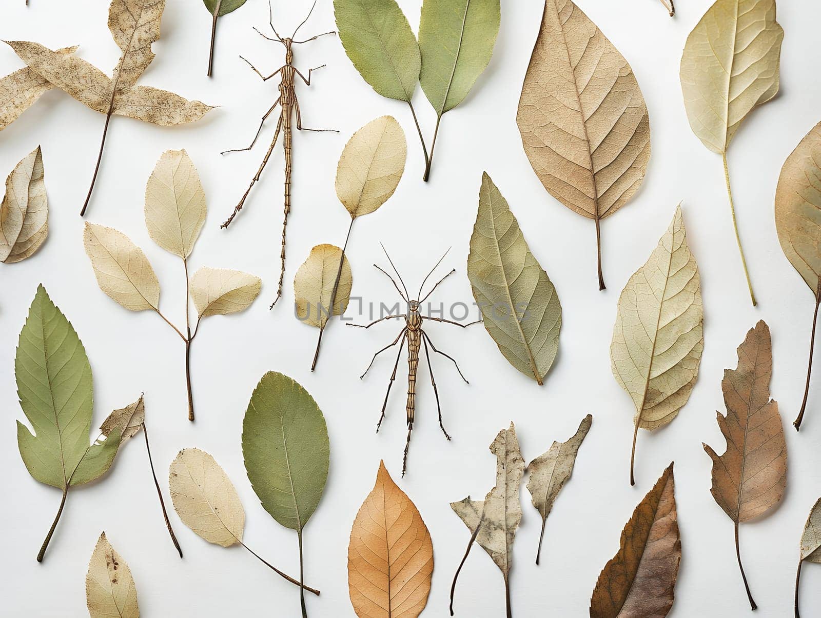 Stick insects camouflaged amidst a variety of dry and green leaves, showcasing nature's mimicry.