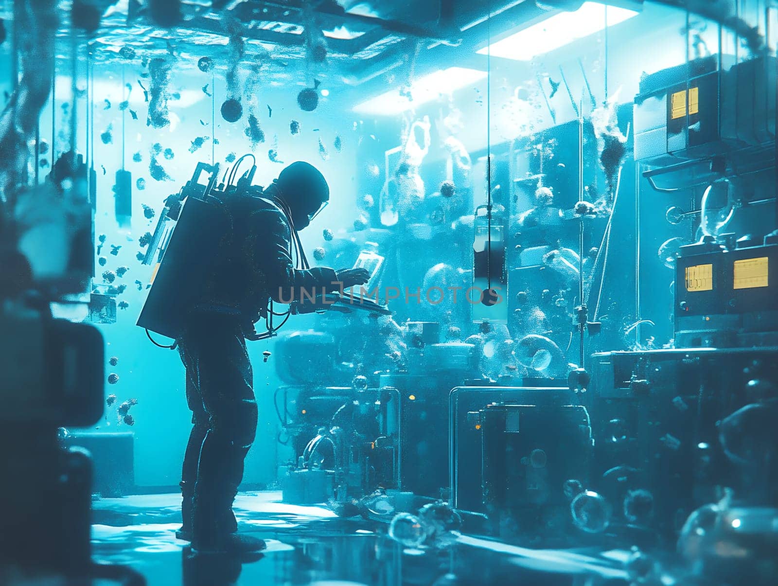A diver explores a futuristic underwater lab filled with equipment and mystery, illuminated in blue light.