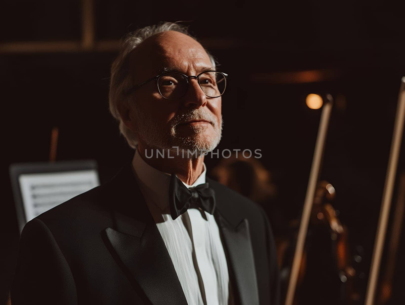Distinguished senior musician in formal attire with bow tie and glasses in dramatic lighting during classical performance, against dark concert hall background.