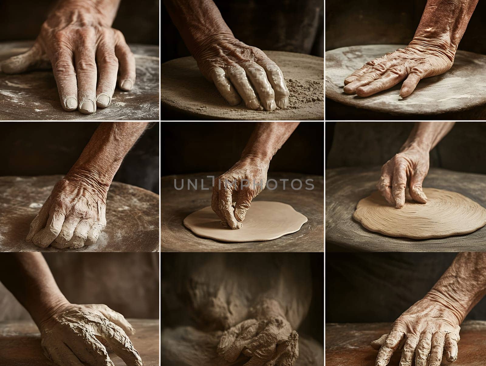 A series of images showing skilled hands shaping clay, highlighting the art of pottery making.