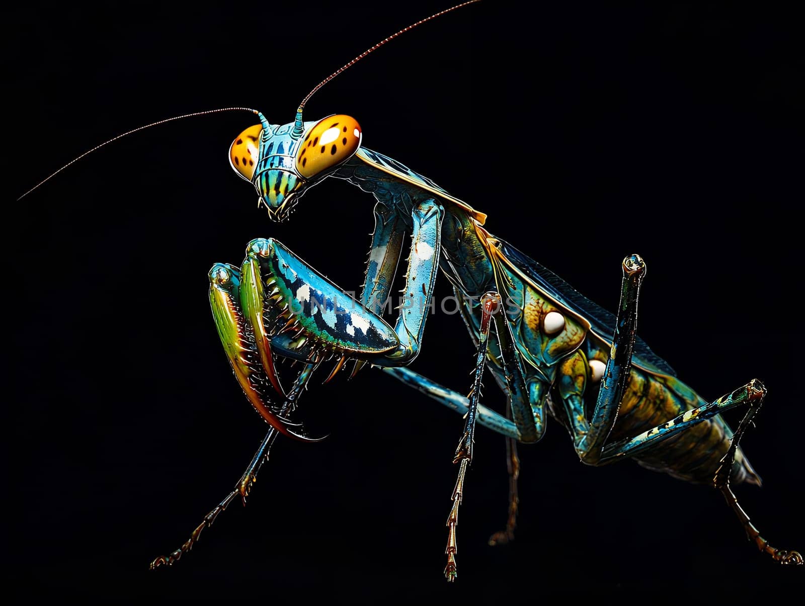 A close-up of a vibrant, colorful praying mantis against a black background, highlighting its intricate details.