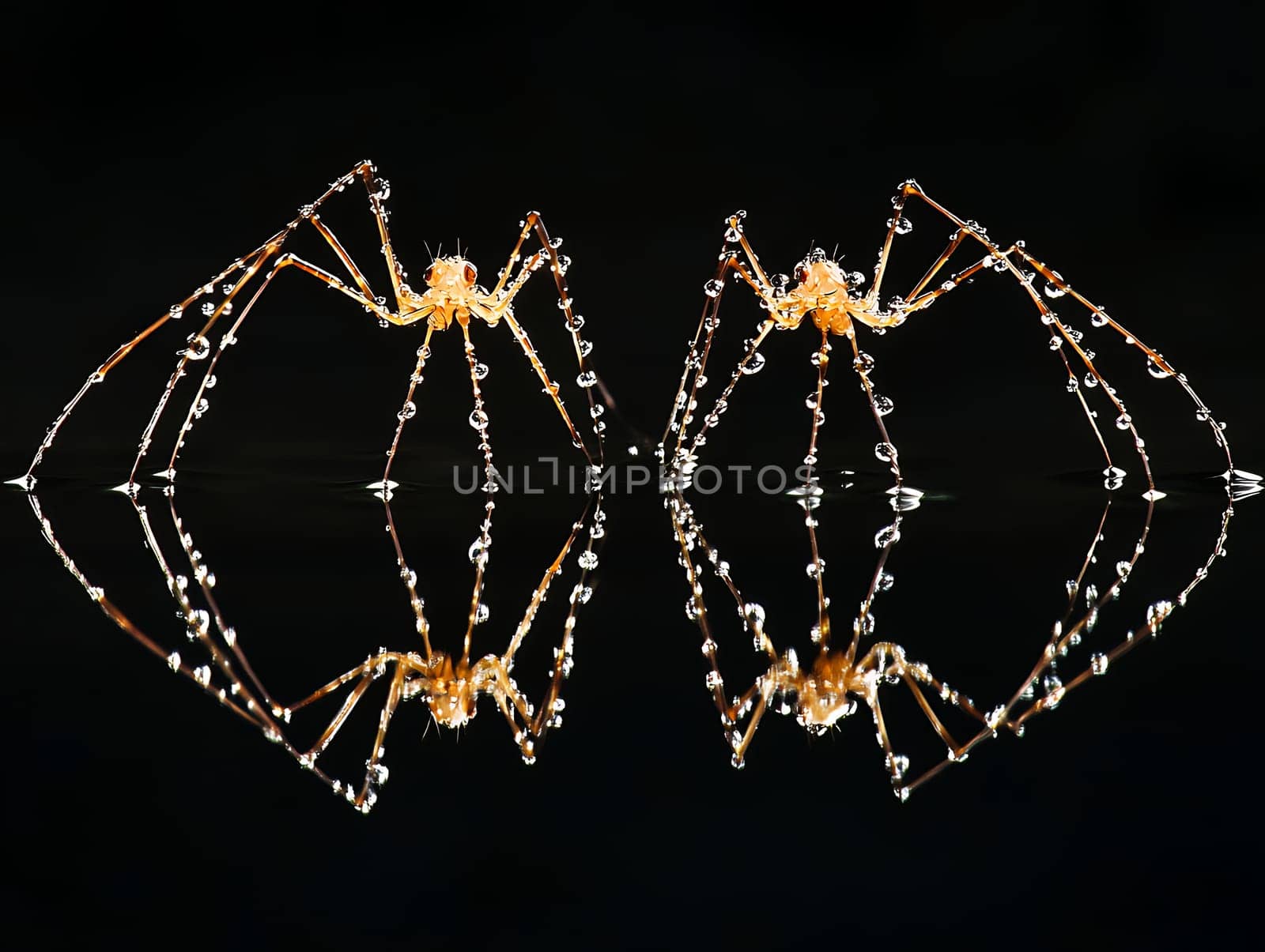 Two spiders with water droplets on them create a symmetrical reflection on a dark surface, highlighting detail.