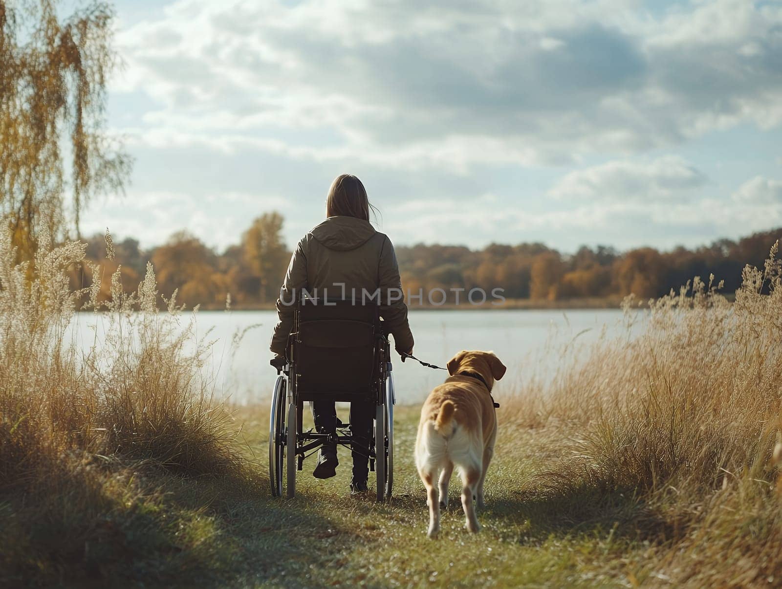 Person in wheelchair accompanied by dog on a serene lakeside path, embracing nature and companionship.