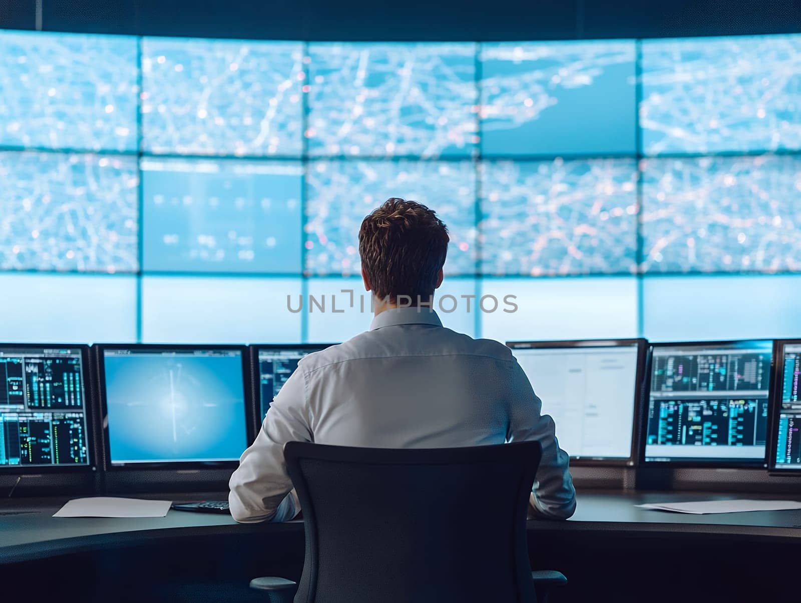 A man working at a high-tech command center, analyzing data on multiple screens in a futuristic environment.