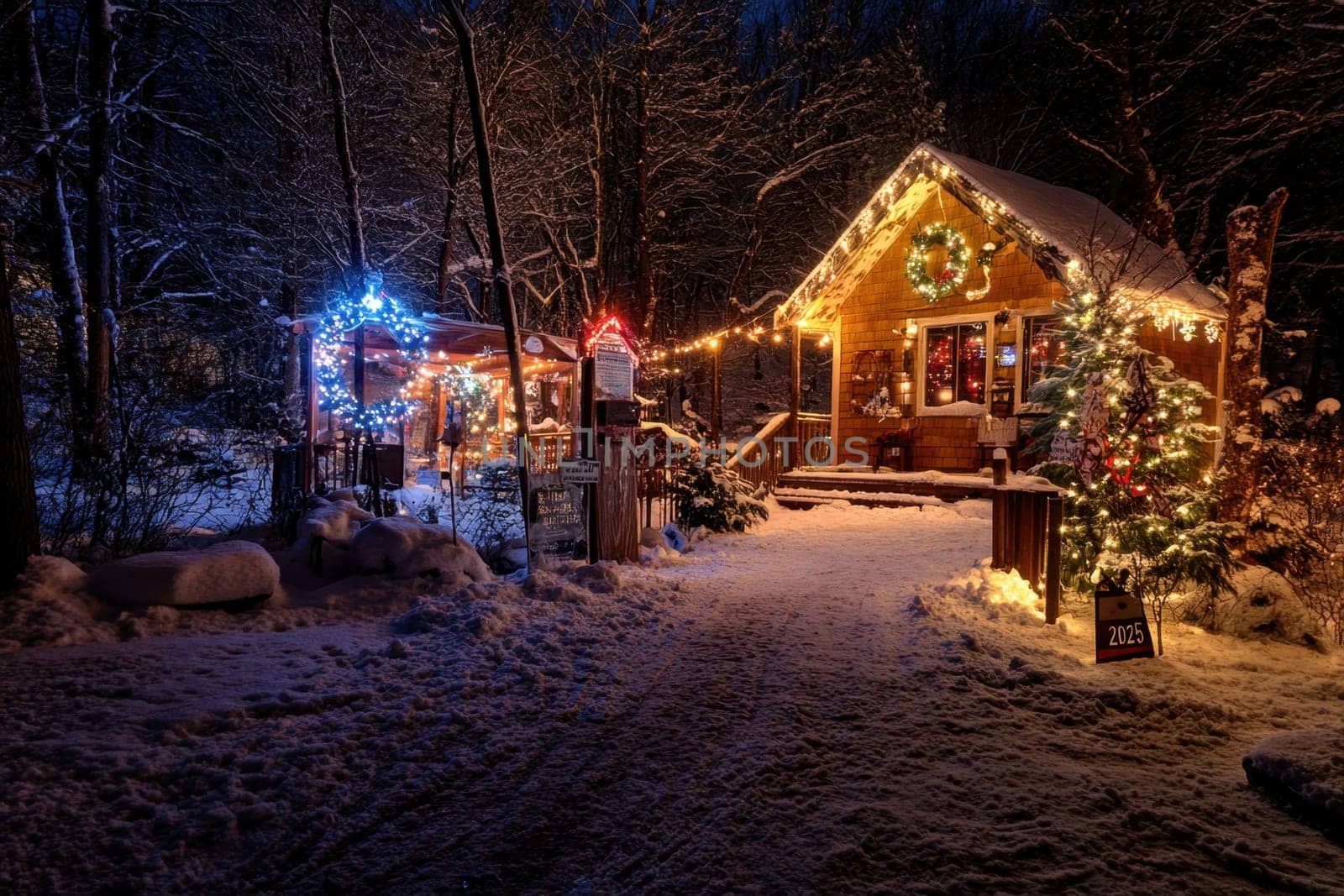 A warm wooden cabin decorated with festive lights sits amid a serene snowy forest at night creating a magical winter atmosphere.