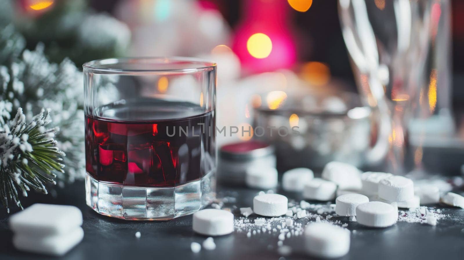 A glass filled with a rich beverage sits on a table surrounded by sugar cubes and festive decorations creating a cozy atmosphere.