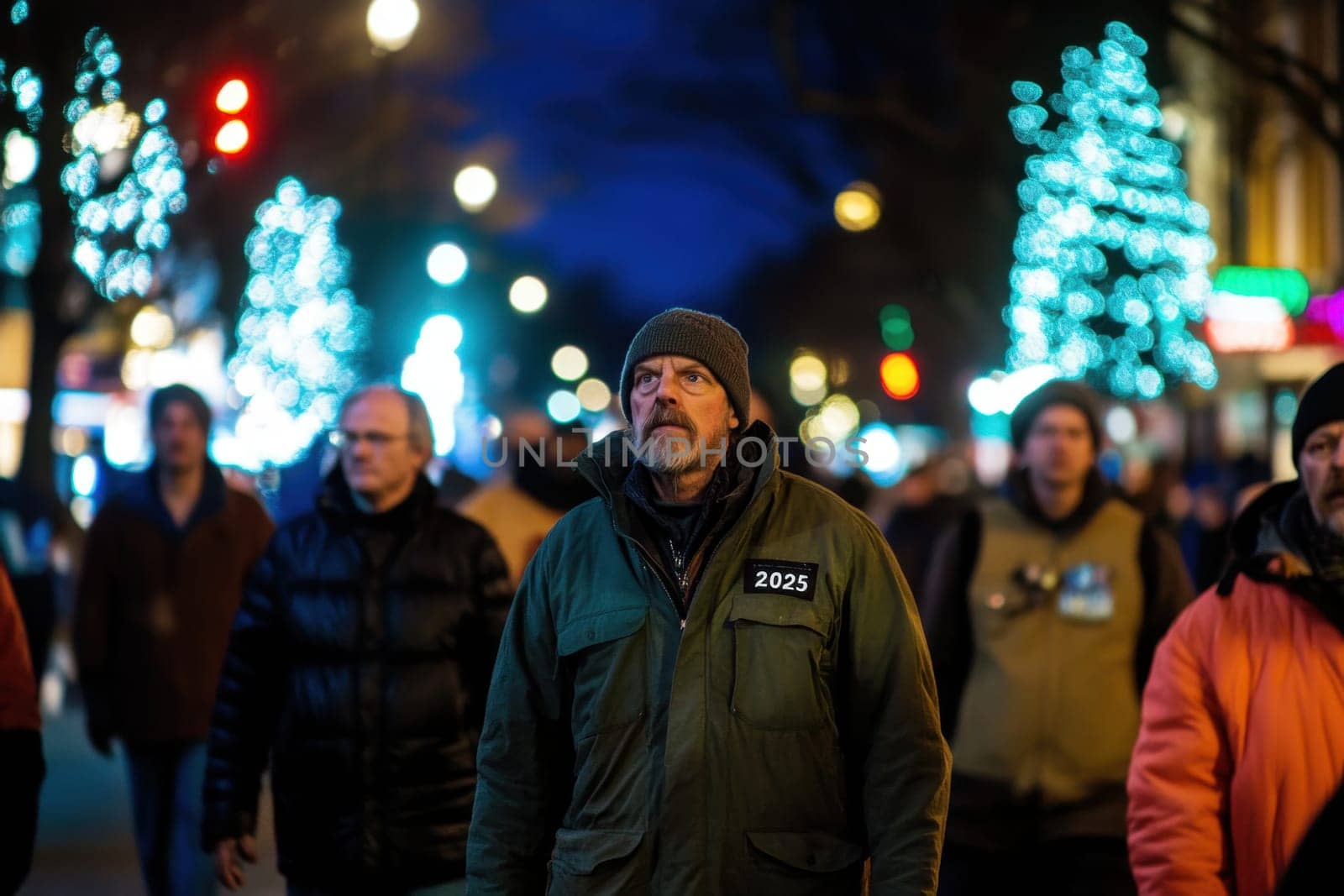 Crowds stroll through a beautifully lit street adorned with holiday decorations during a chilly evening in wintertime.