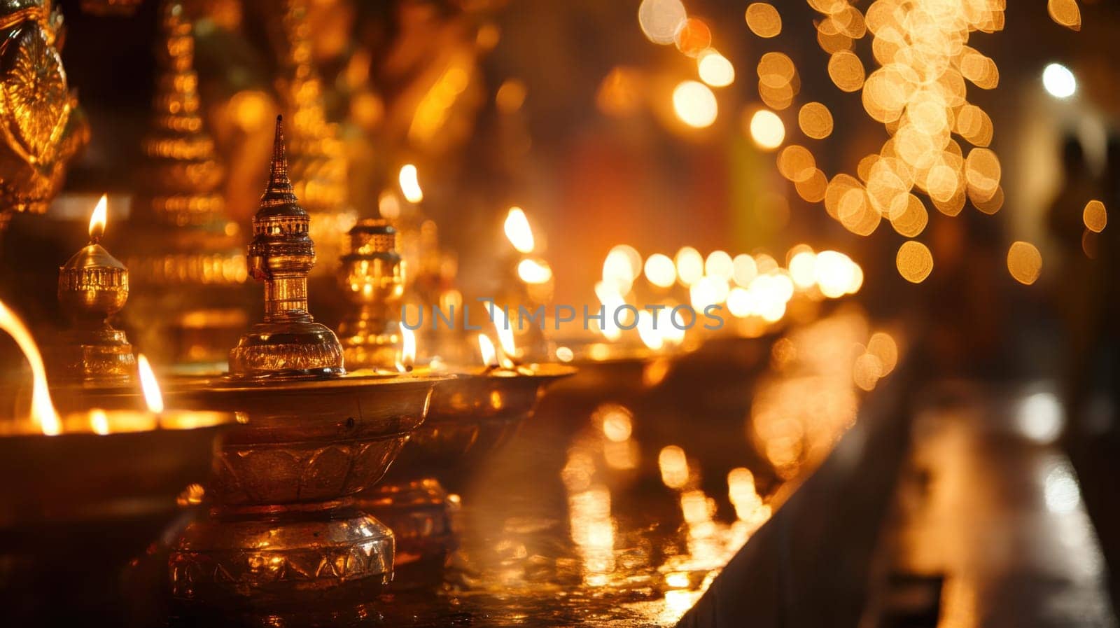 A tranquil atmosphere filled with glowing lamps lights up the temple as dusk settles creating a serene ambiance for evening prayers.
