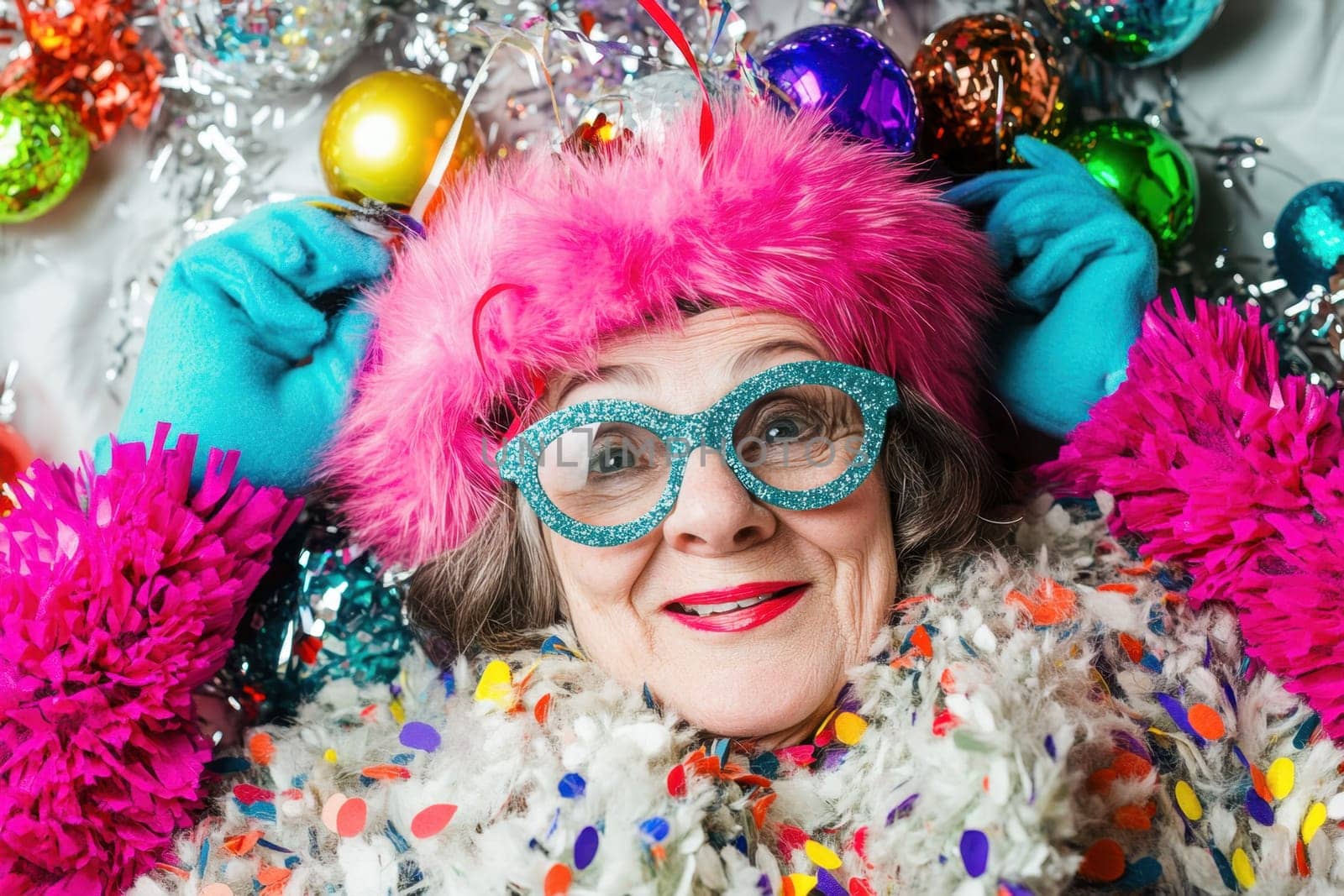 An elderly woman with vibrant attire enjoys a festive moment surrounded by bright decorations and ornaments exuding happiness and joy.