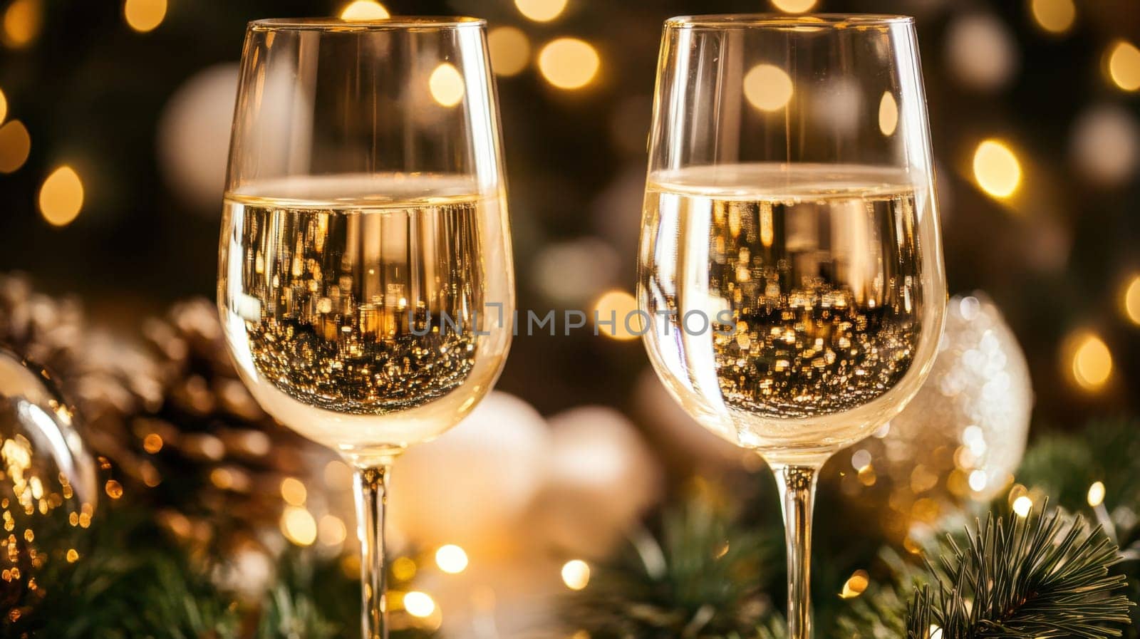 Two glasses of sparkling wine rest on a festive table surrounded by holiday decorations and twinkling lights.