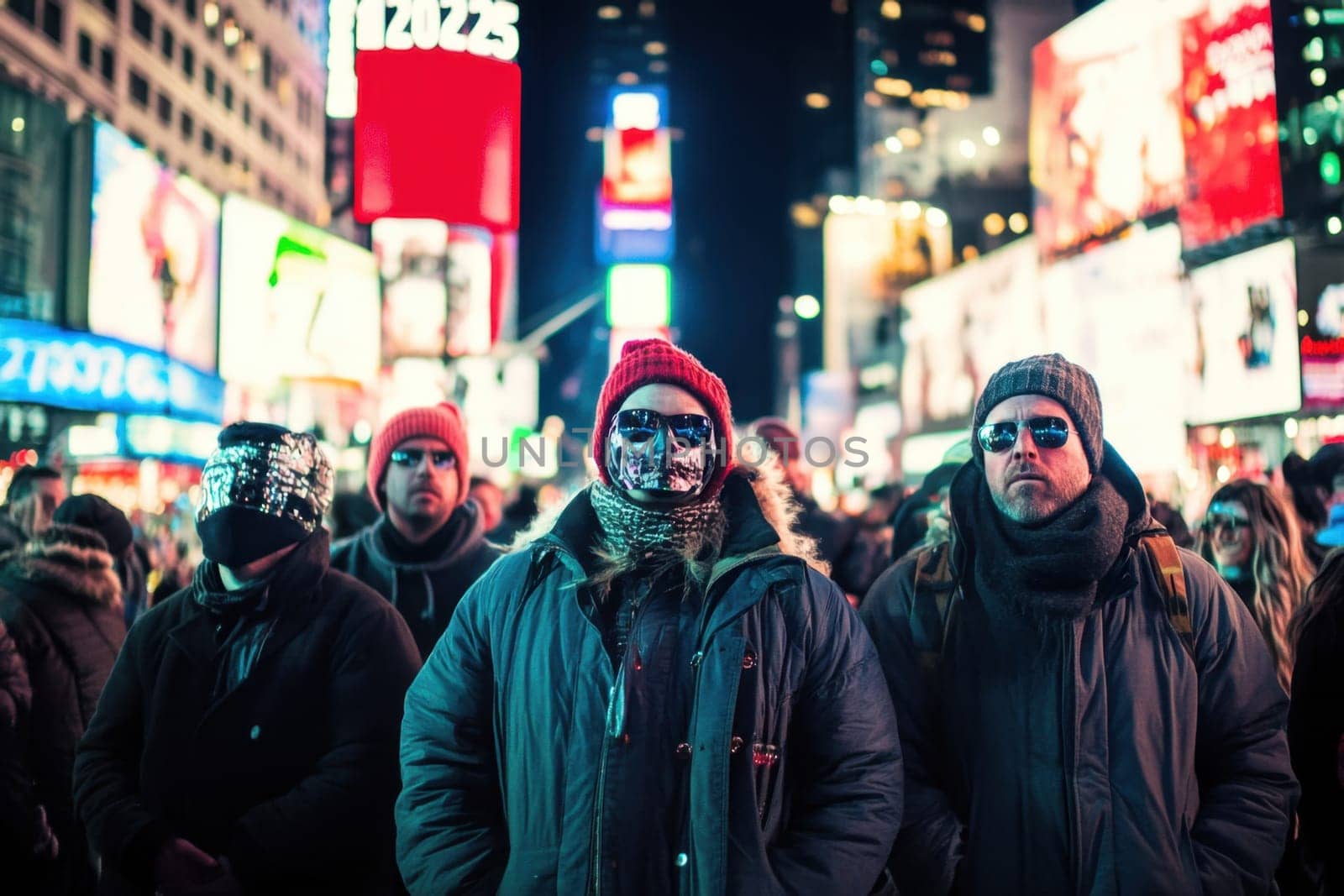 A diverse group of individuals wearing winter attire stands together in Times Square illuminated by vibrant advertisements and neon lights.