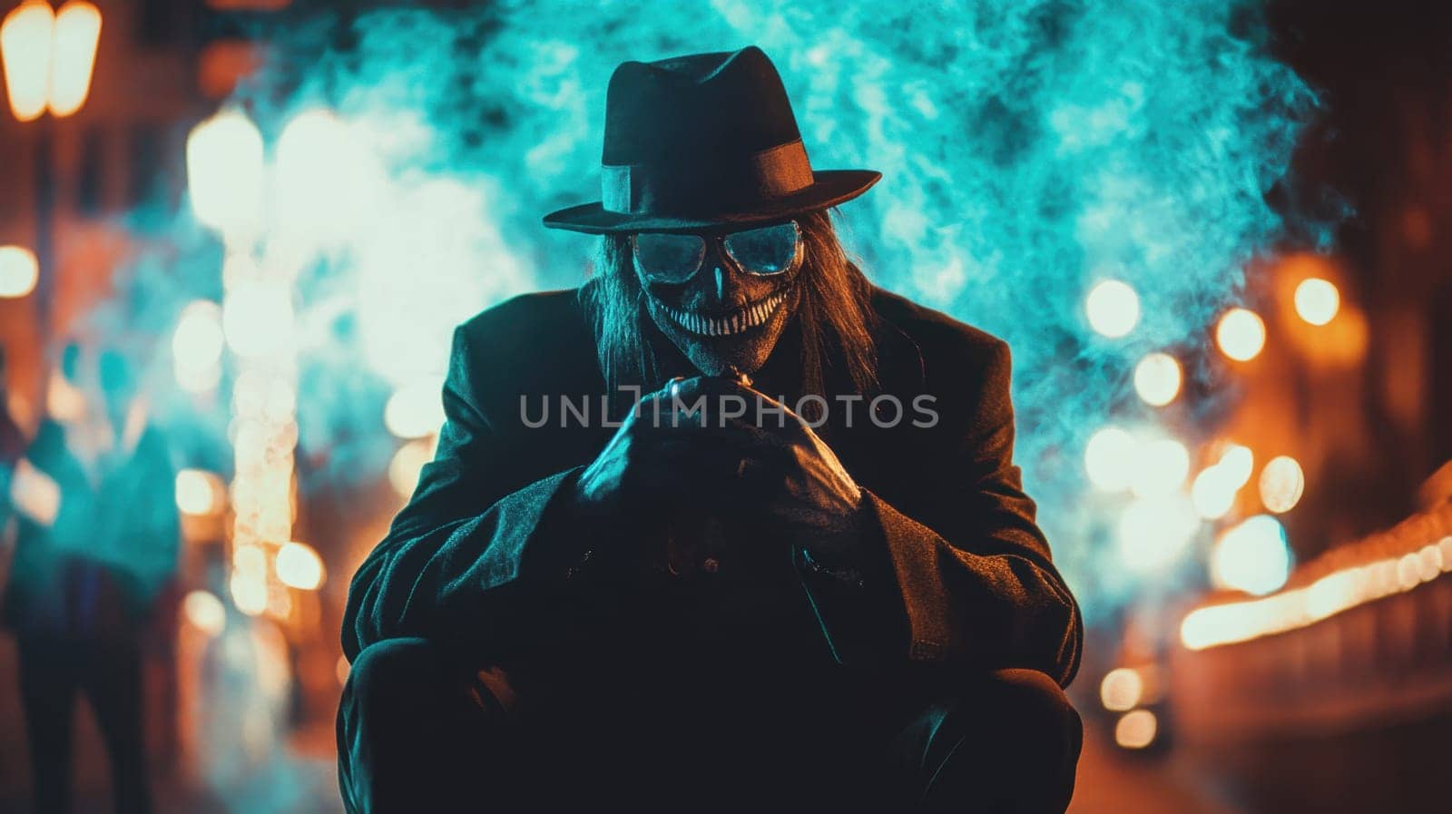 A masked figure dressed in a dark suit and hat sits on a street at night while smoke swirls around creating an eerie atmosphere.