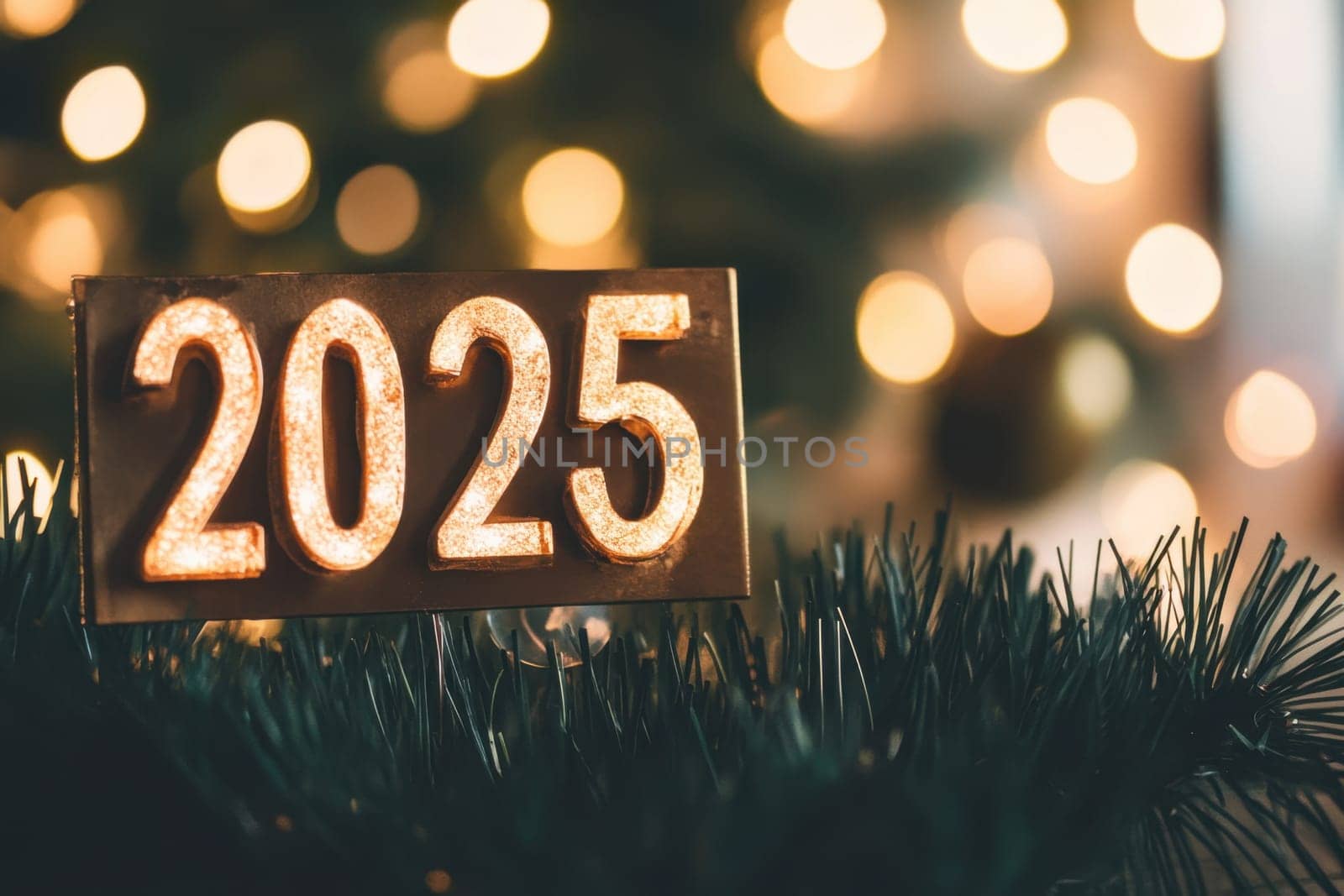 A decorated display features illuminated numbers for 2025 surrounded by green pine branches and warm glowing lights in the background.