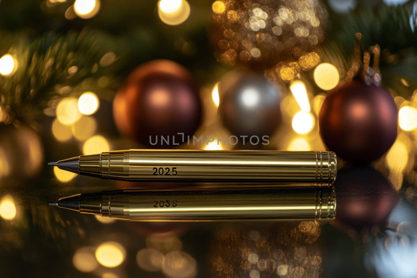 A gold pen displaying the year 2025 rests on a reflective surface surrounded by holiday lights and beautiful ornaments.