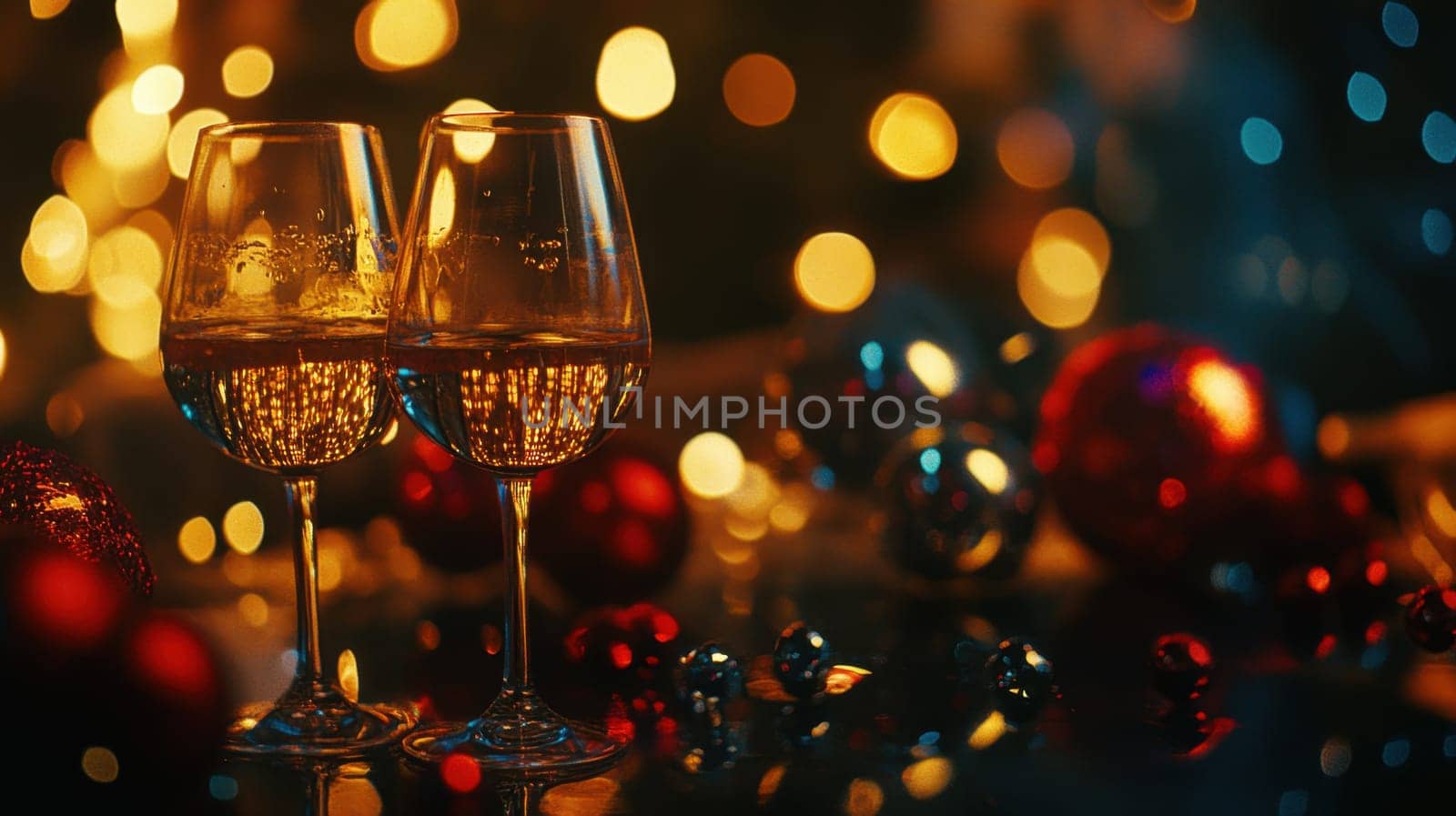 Two glasses of sparkling wine are filled and clinked together near colorful ornaments and bright lights creating a cheerful holiday atmosphere.