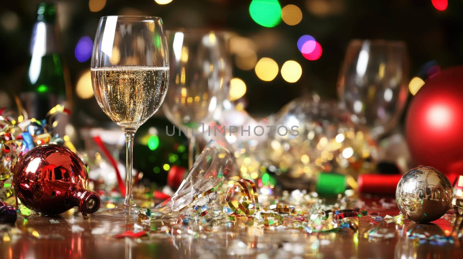 A table adorned with sparkling decorations empty glasses and colors creating a joyful atmosphere for late night festivities.