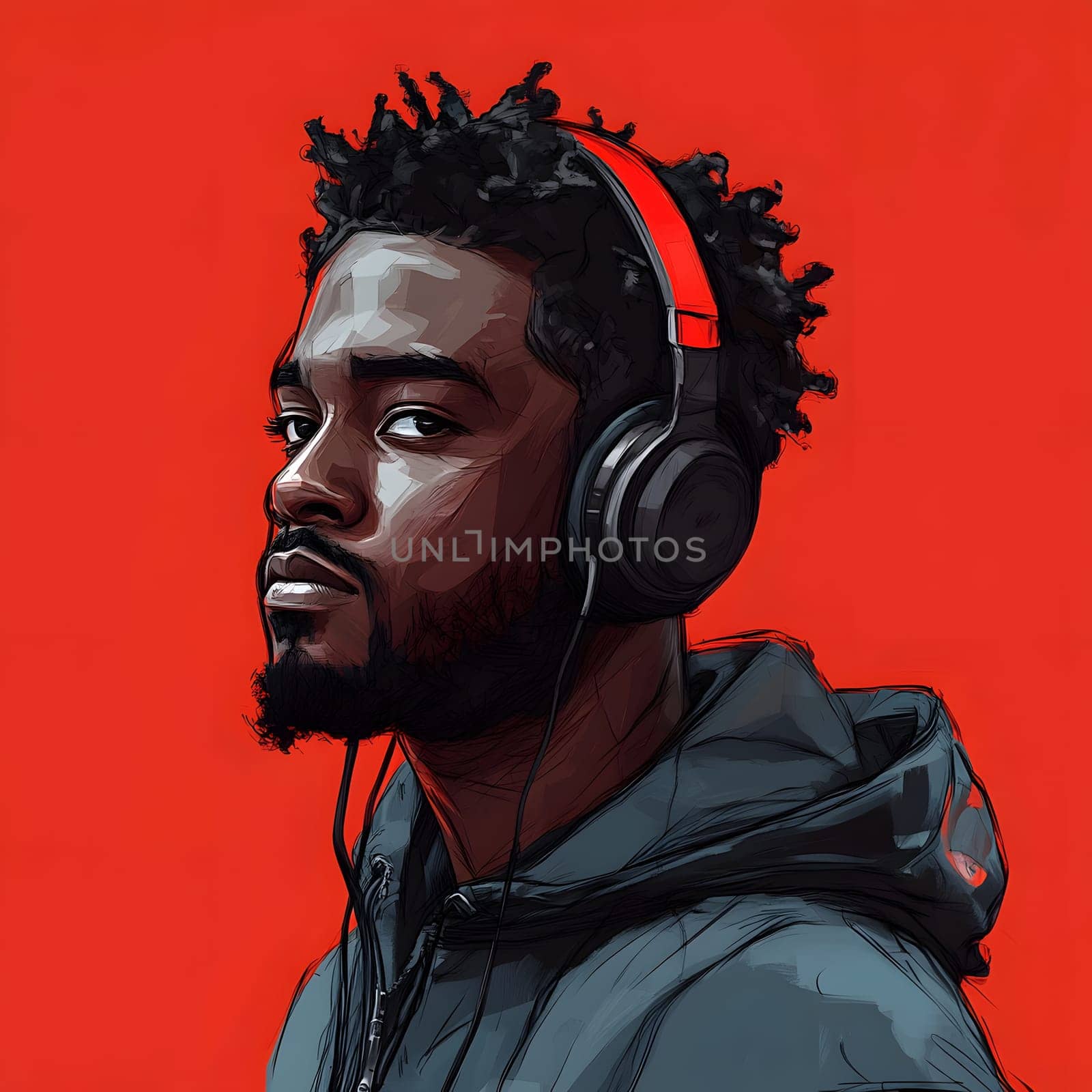 African American Man with earphones listening to Music Art