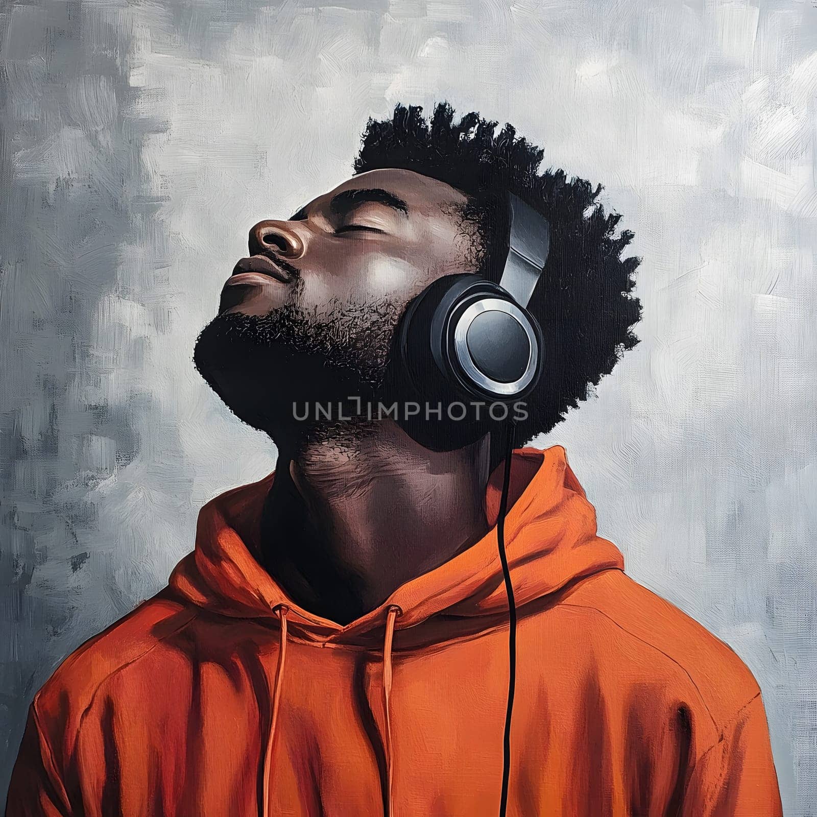 African American Man with earphones listening to Music Art