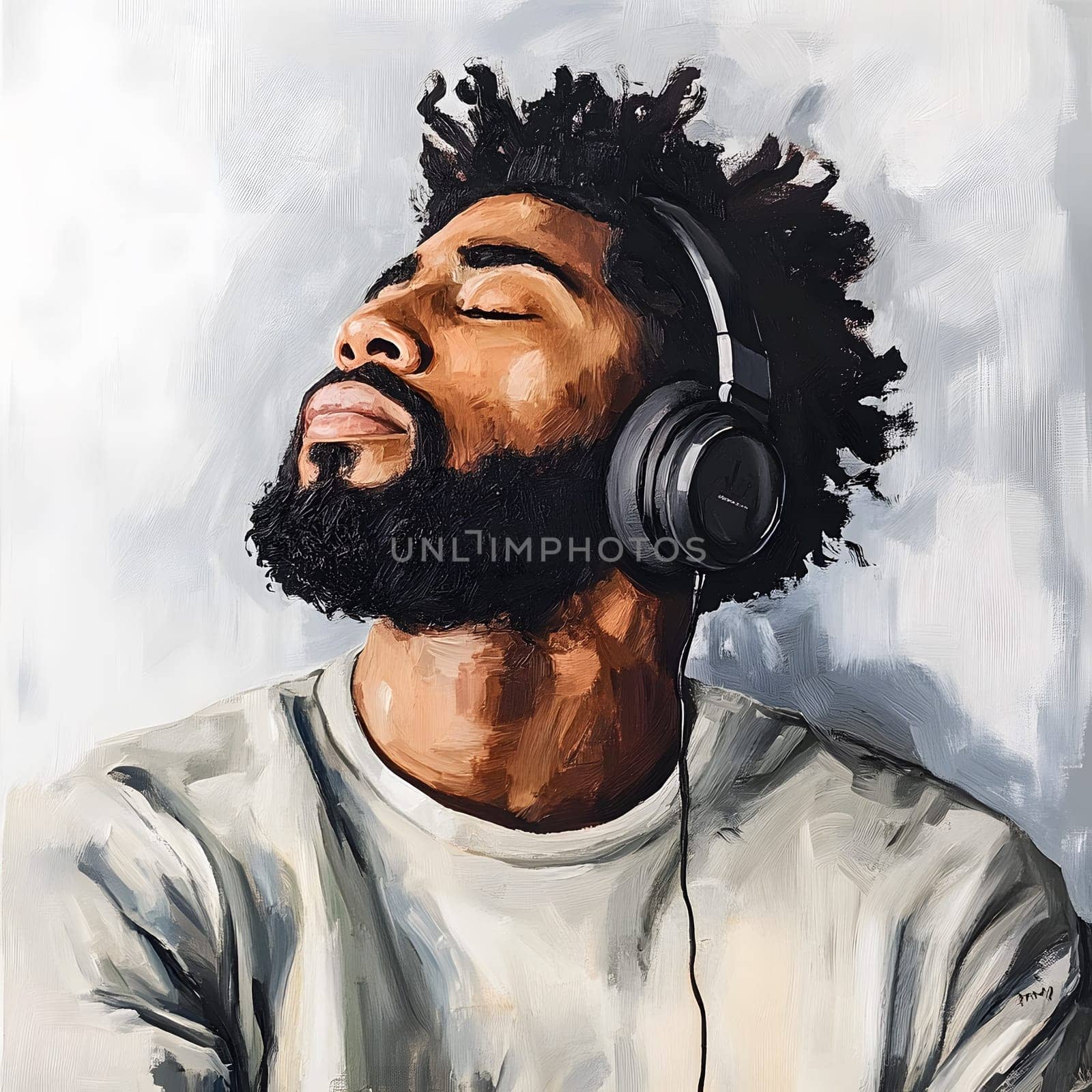 African American Man with earphones listening to Music Art