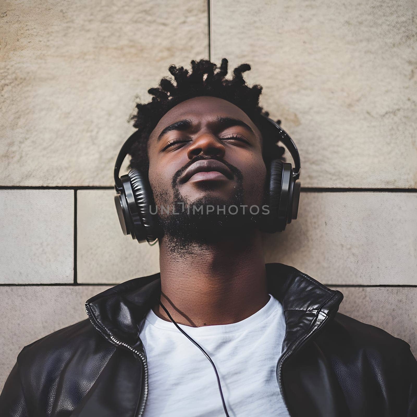 African American Man with earphones listening to Music Art