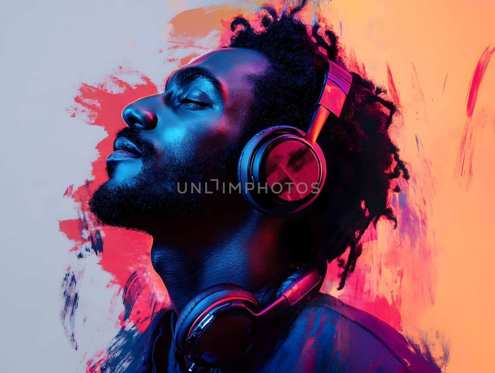 African American Man with earphones listening to Music Art