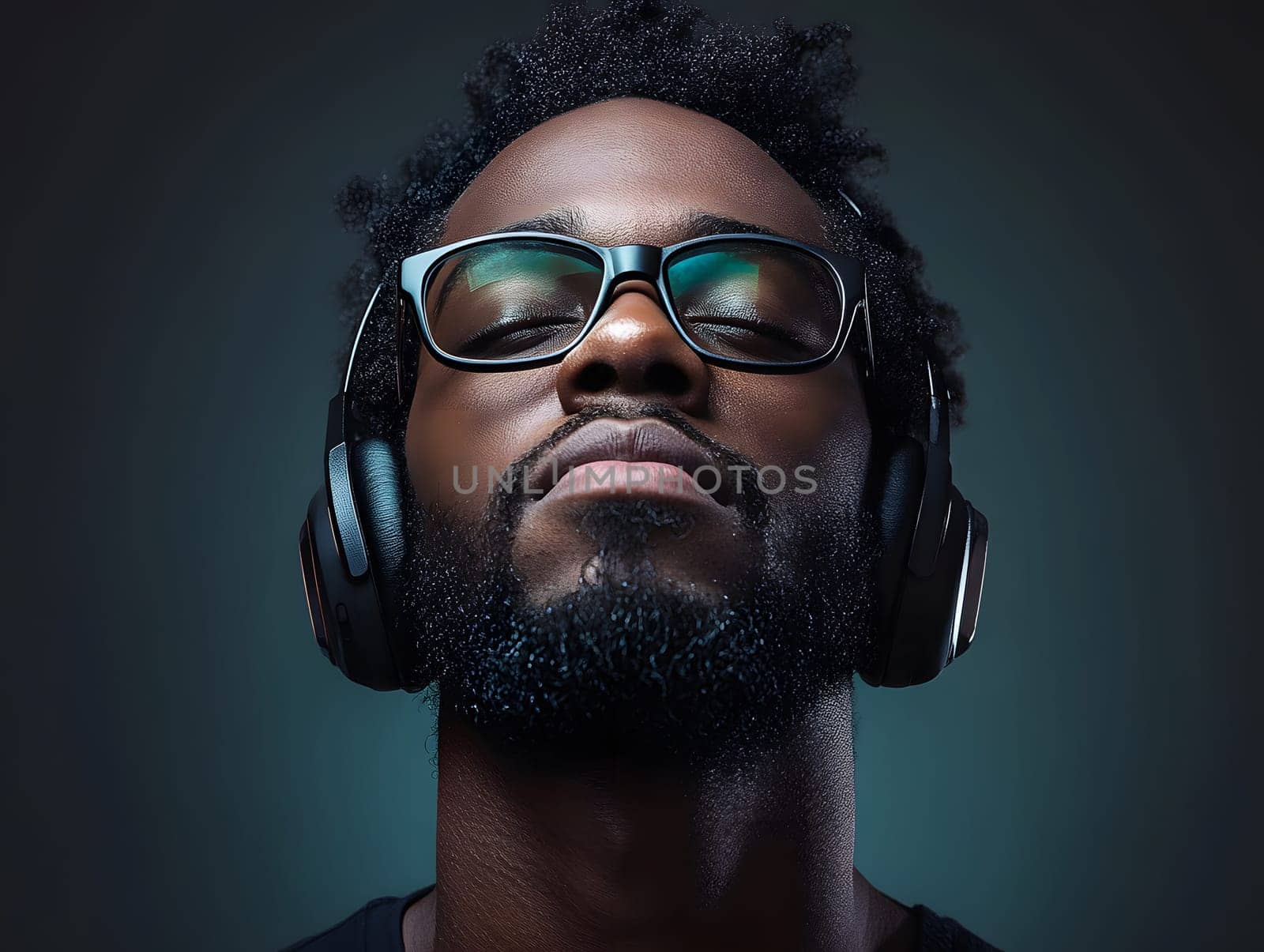 African American Man with earphones listening to Music Art