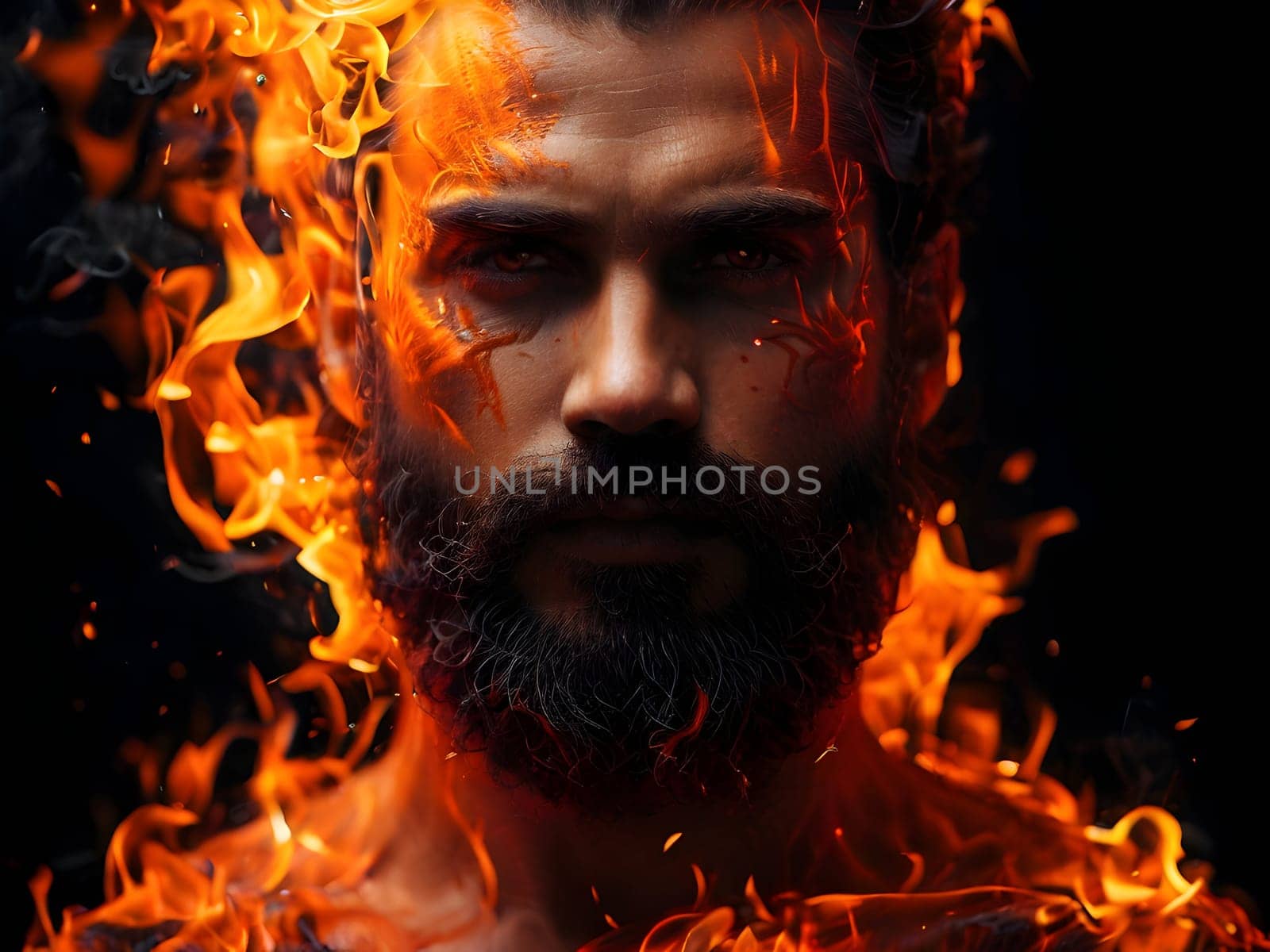 Handsome bearded man on fire