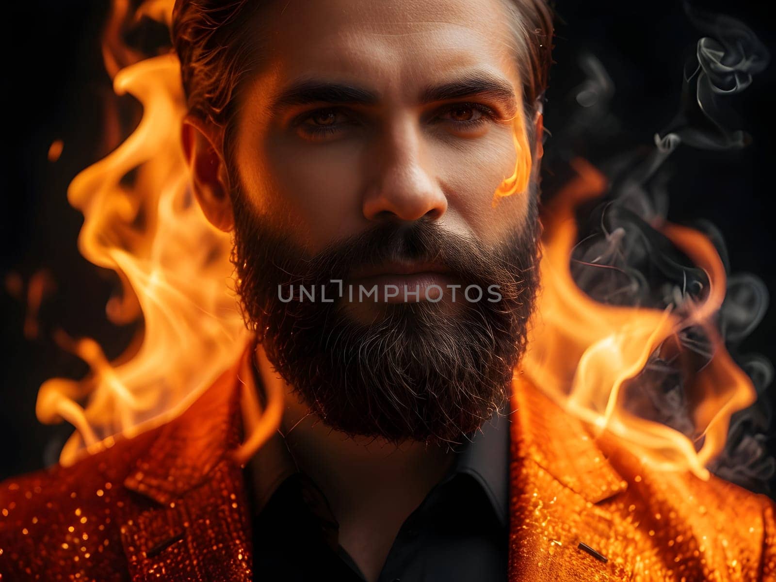 Handsome bearded man on fire