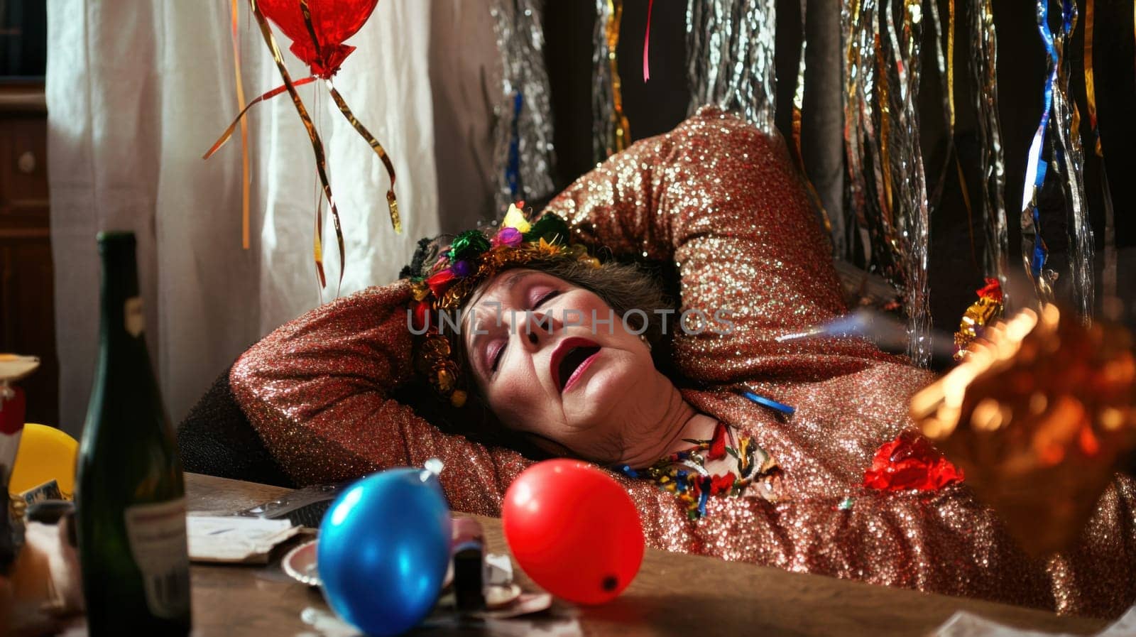 A woman in a sparkly outfit rests on a table after a lively New Years Eve celebration surrounded by balloons and party decorations.