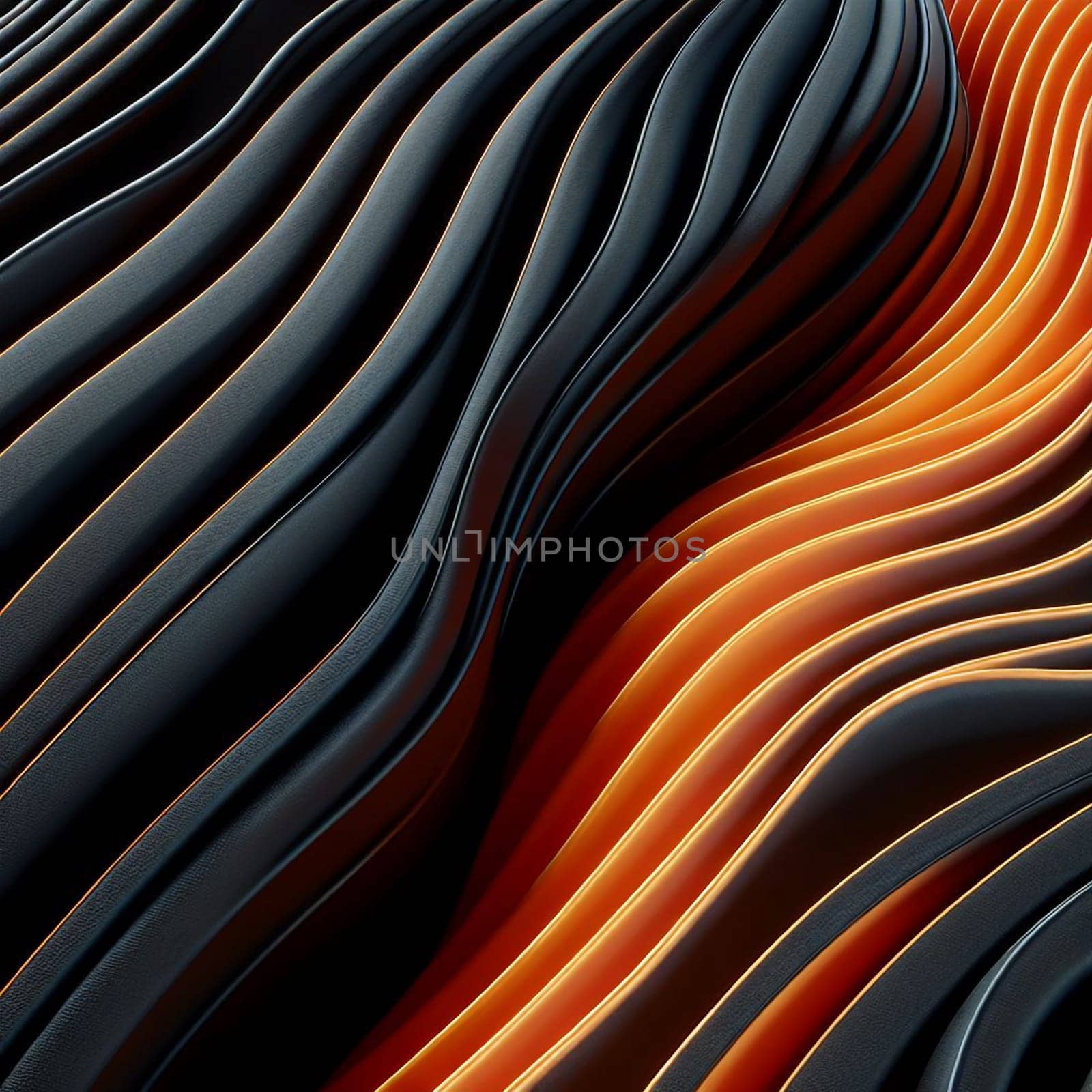 Abstract 3D rendering of undulating, curved lines in black and orange against a dark background. The lines create a sense of depth and movement. A high-quality photo.