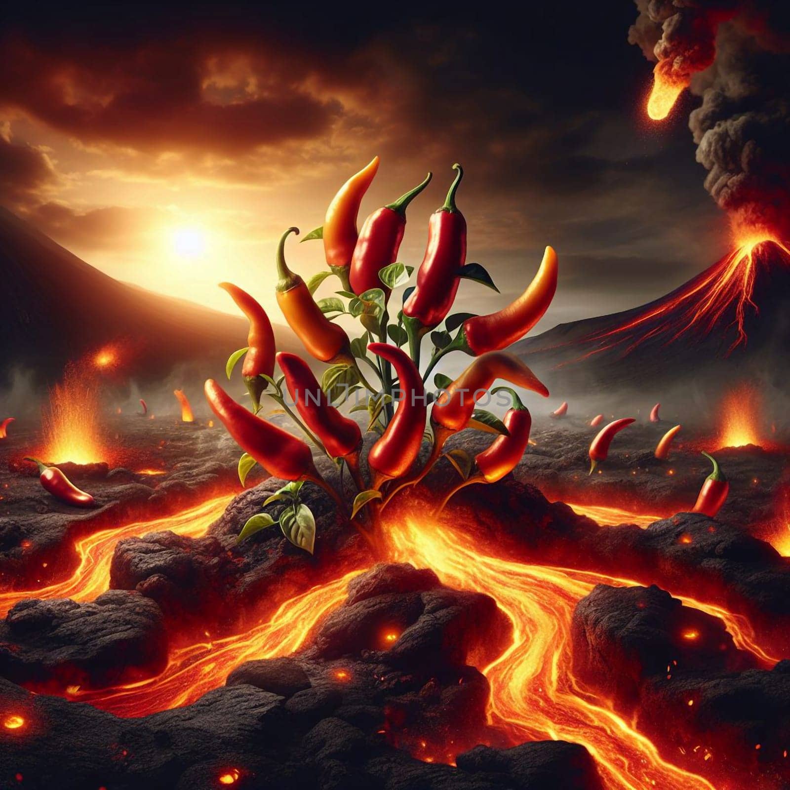 A surreal image depicting a chili pepper plant growing out of molten lava, with erupting volcanoes in the background. The scene suggests a fiery and intense environment. A high-quality photo.