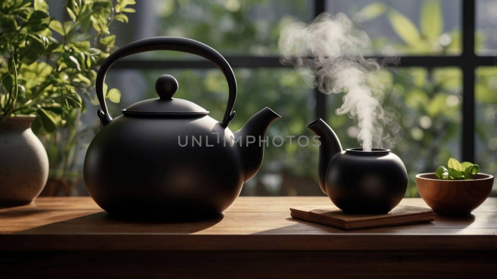 A still life image of a black teapot and a small black teacup on a wooden table. Steam is rising from the teacup, creating a sense of warmth and relaxation. A high-quality photo.