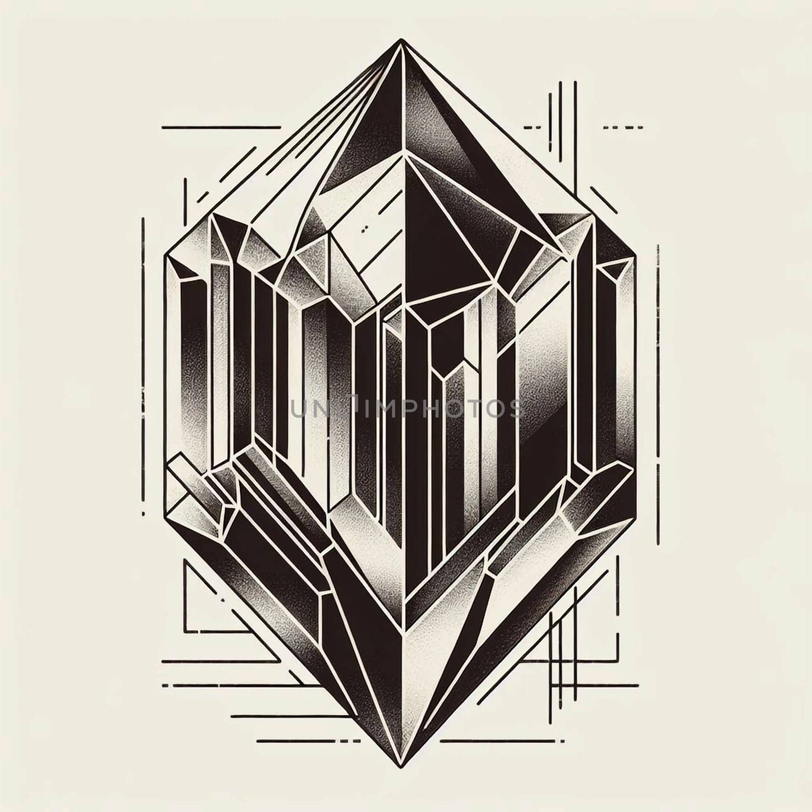 A geometric illustration of a black and white crystal with intricate facets and lines, creating a sense of depth and dimension. The image is rendered in a graphic style. A high-quality photo.