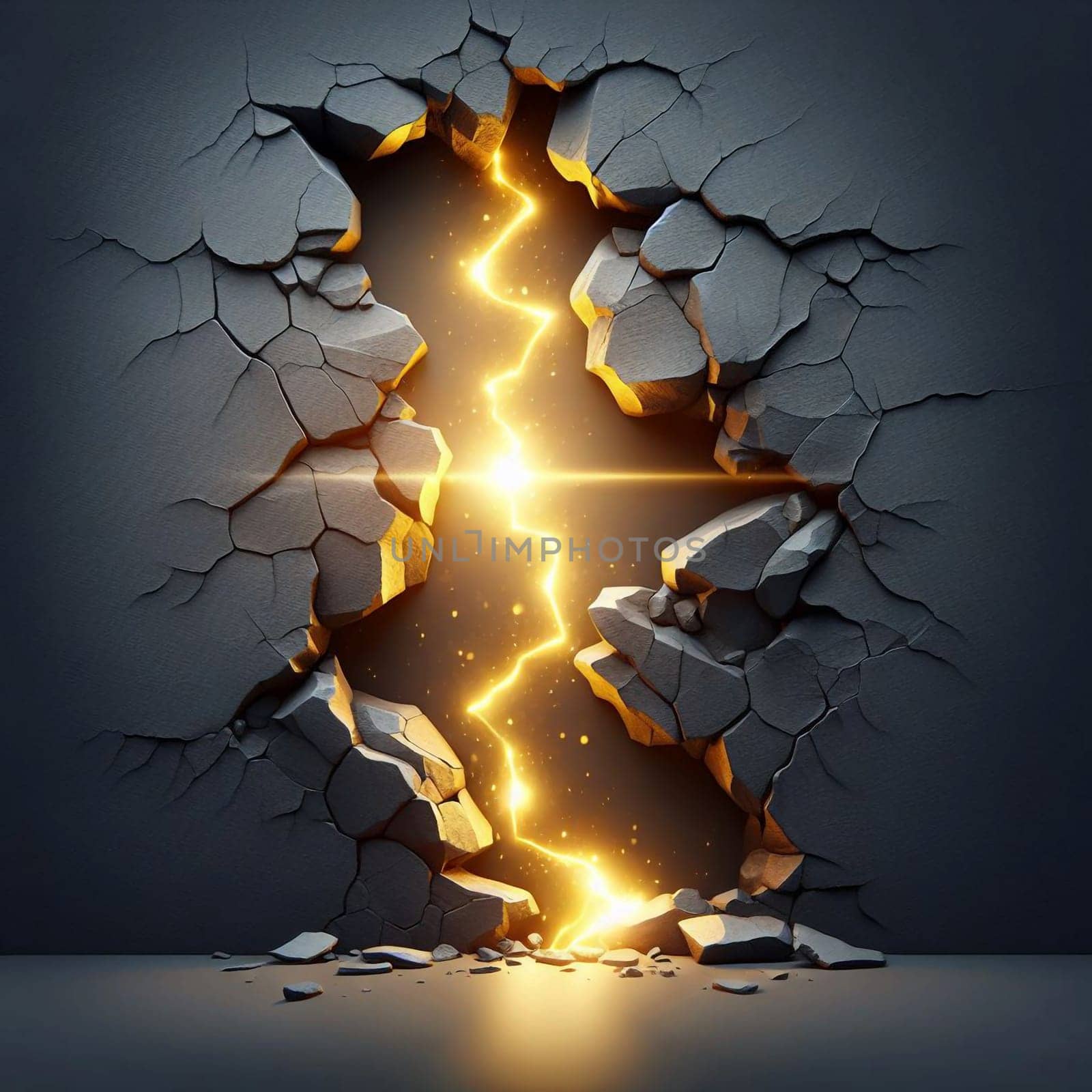 A dramatic image of a cracked wall with a glowing, golden lightning bolt erupting from it. The scene represents a breakthrough and a new beginning. A high-quality photo.