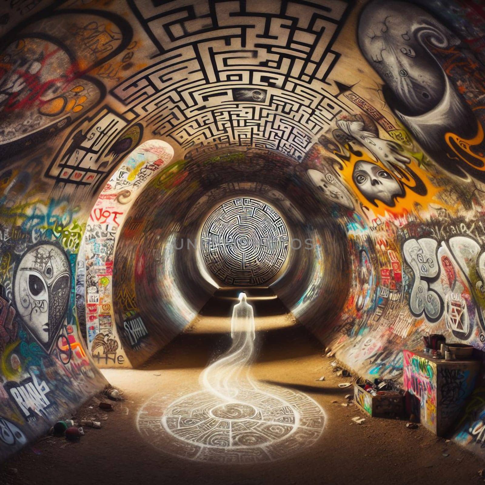 A surreal, dreamlike image of a lone figure walking through a graffiti-covered tunnel. The figure appears translucent and ethereal, surrounded by swirling patterns. A high-quality photo.