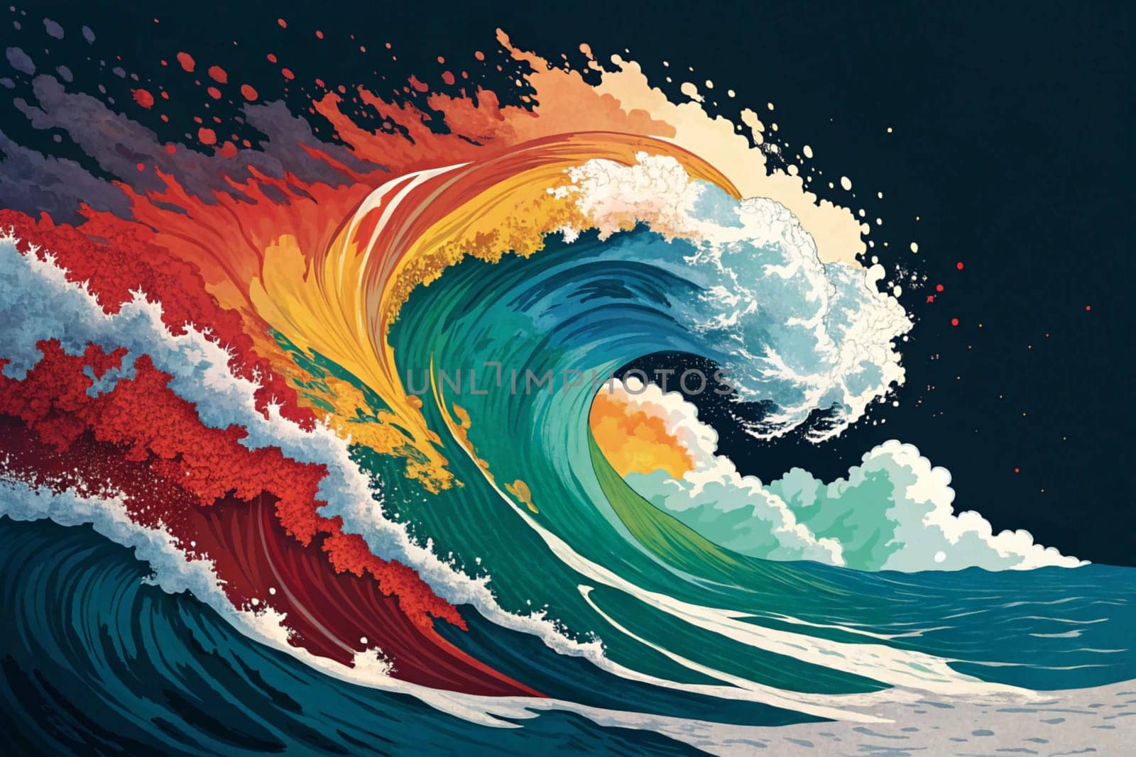 A vibrant, abstract illustration of a large wave crashing in the ocean. The wave is painted in a style reminiscent of Japanese woodblock prints. A high-quality photo.