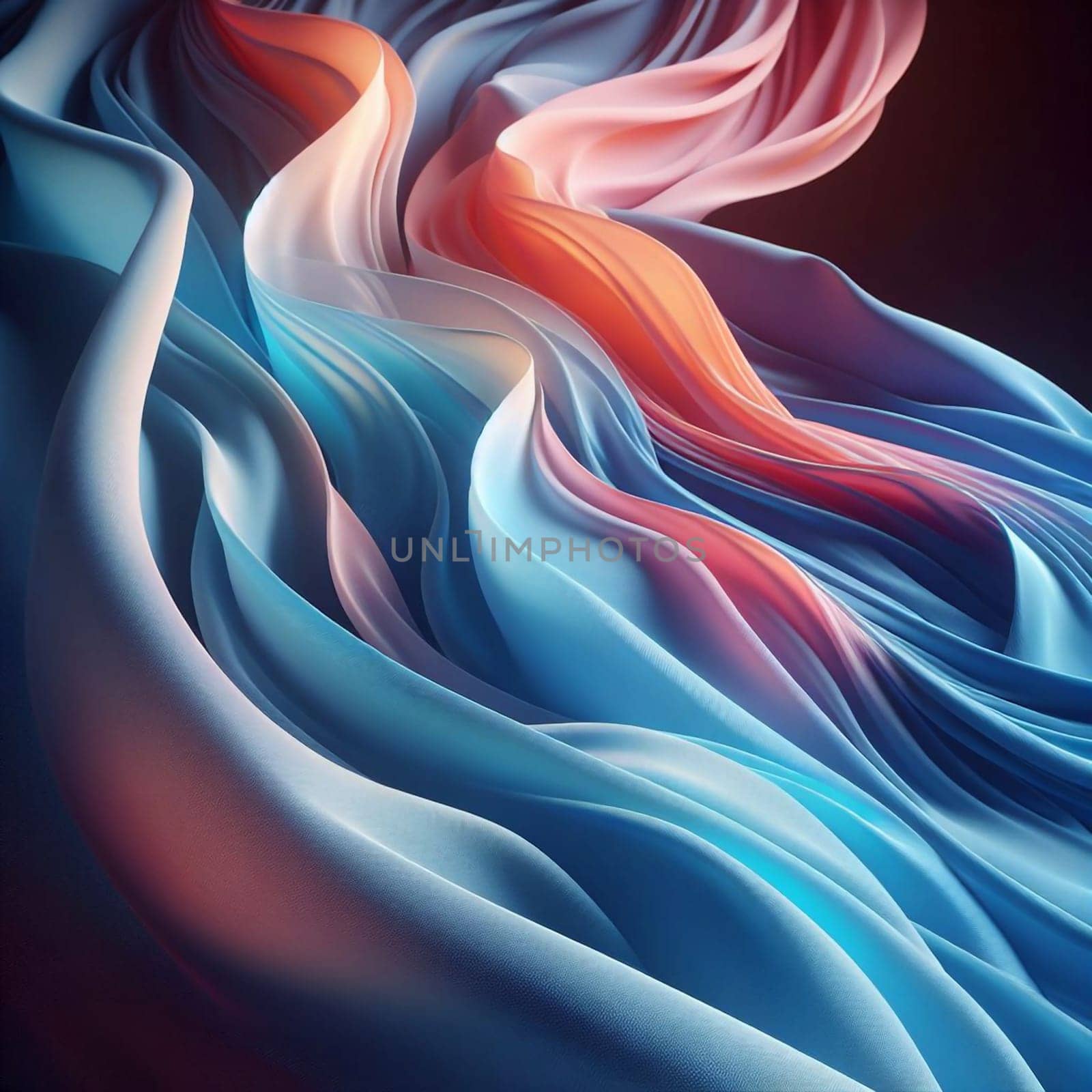 Abstract 3D render of a flowing fabric made of blue and orange hues. The fabric is draped and twisted, creating a sense of movement and flow. A high-quality photo.