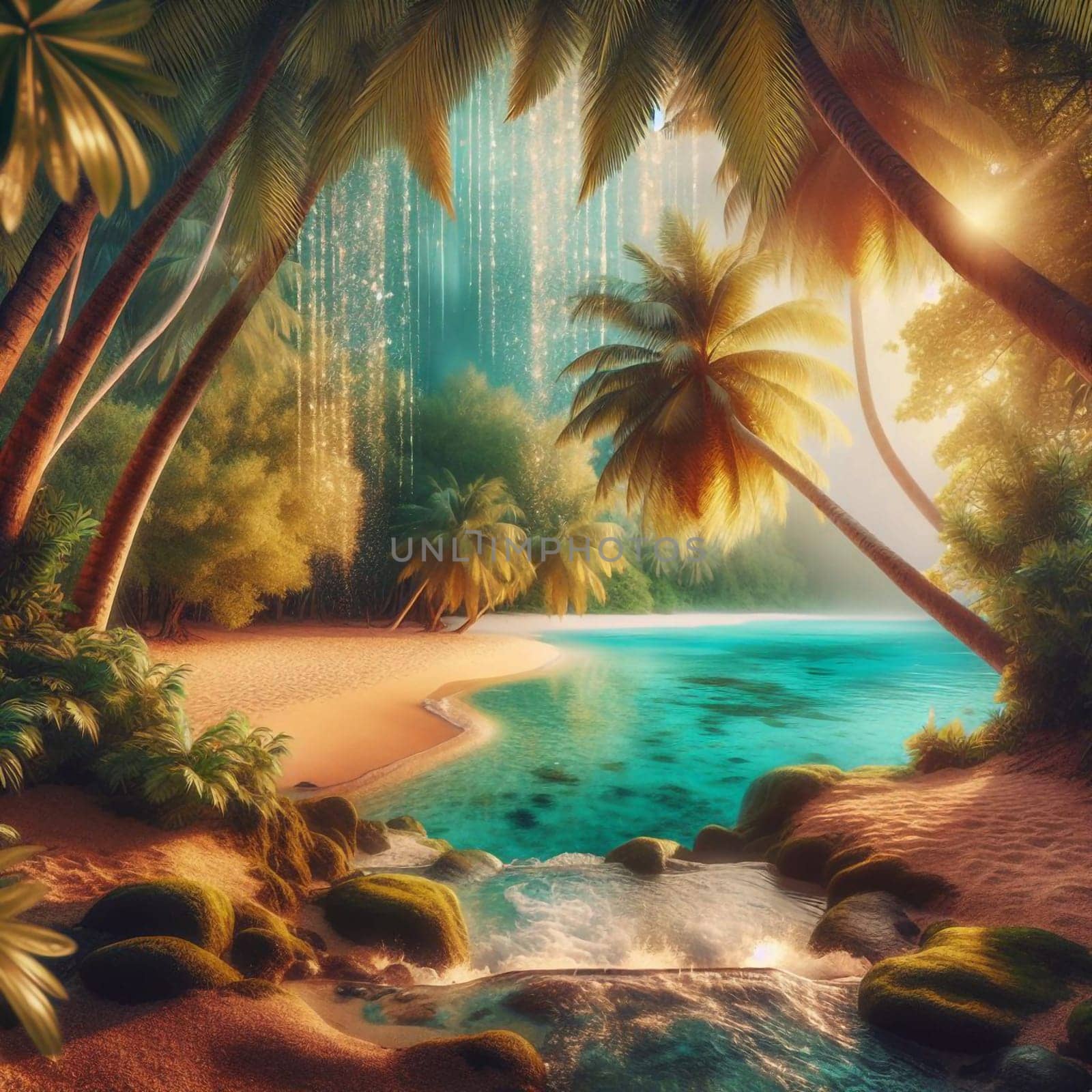 A serene, tropical beach scene with palm trees, turquoise water, and a golden waterfall cascading into the ocean. The scene is filled with a sense of tranquility and paradise. A high-quality photo.